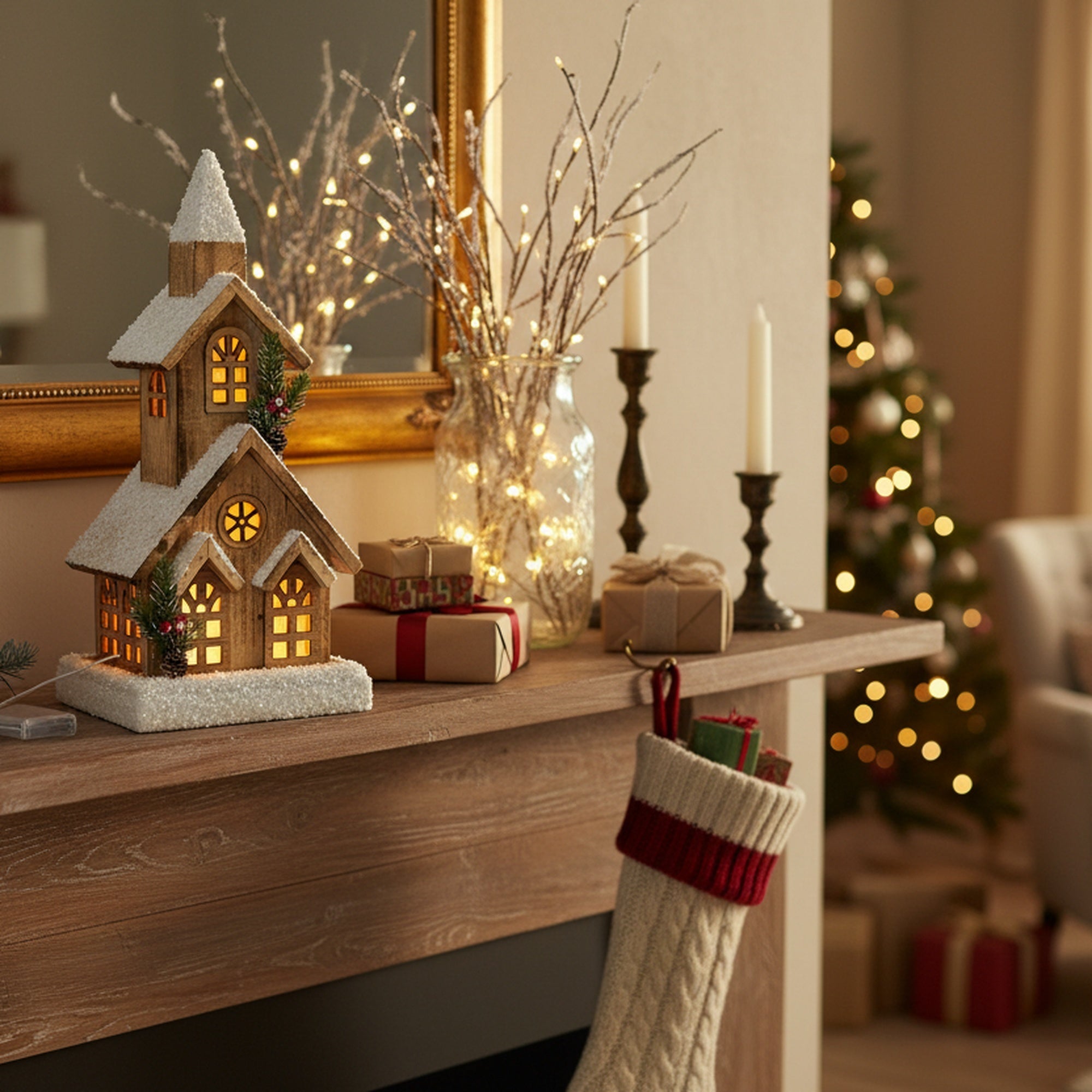 LED Snow Covered Natural Wooden Chapel With Timer, Winter, Holiday Decor