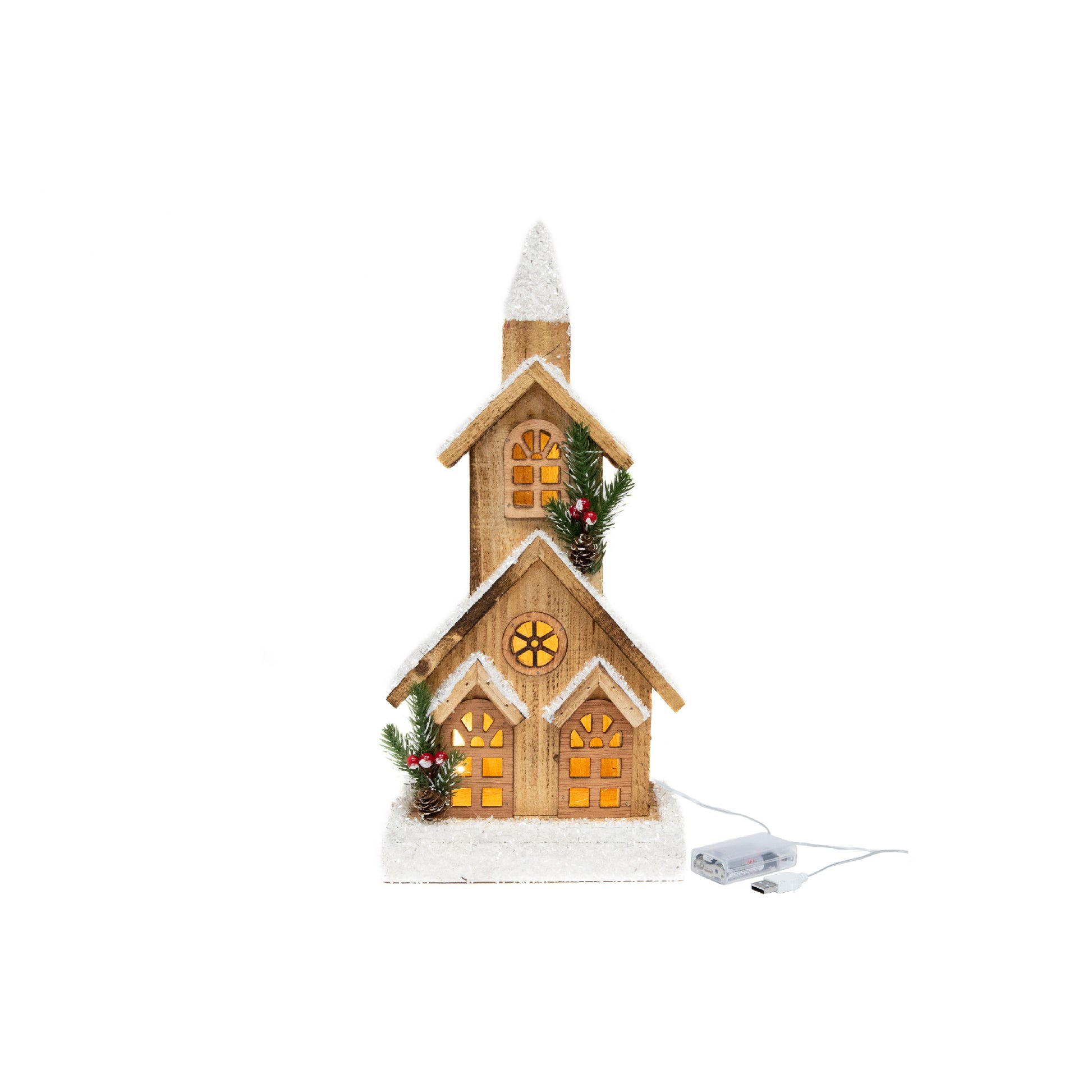 LED Snow Covered Natural Wooden Chapel With Timer, Winter, Holiday Decor