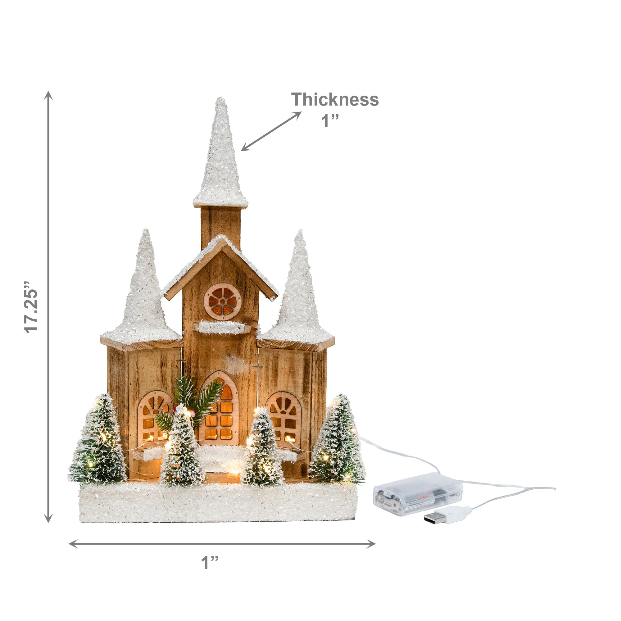 LED Snow Covered Natural Wooden Cathedral With Timer, Winter, Holiday Decor