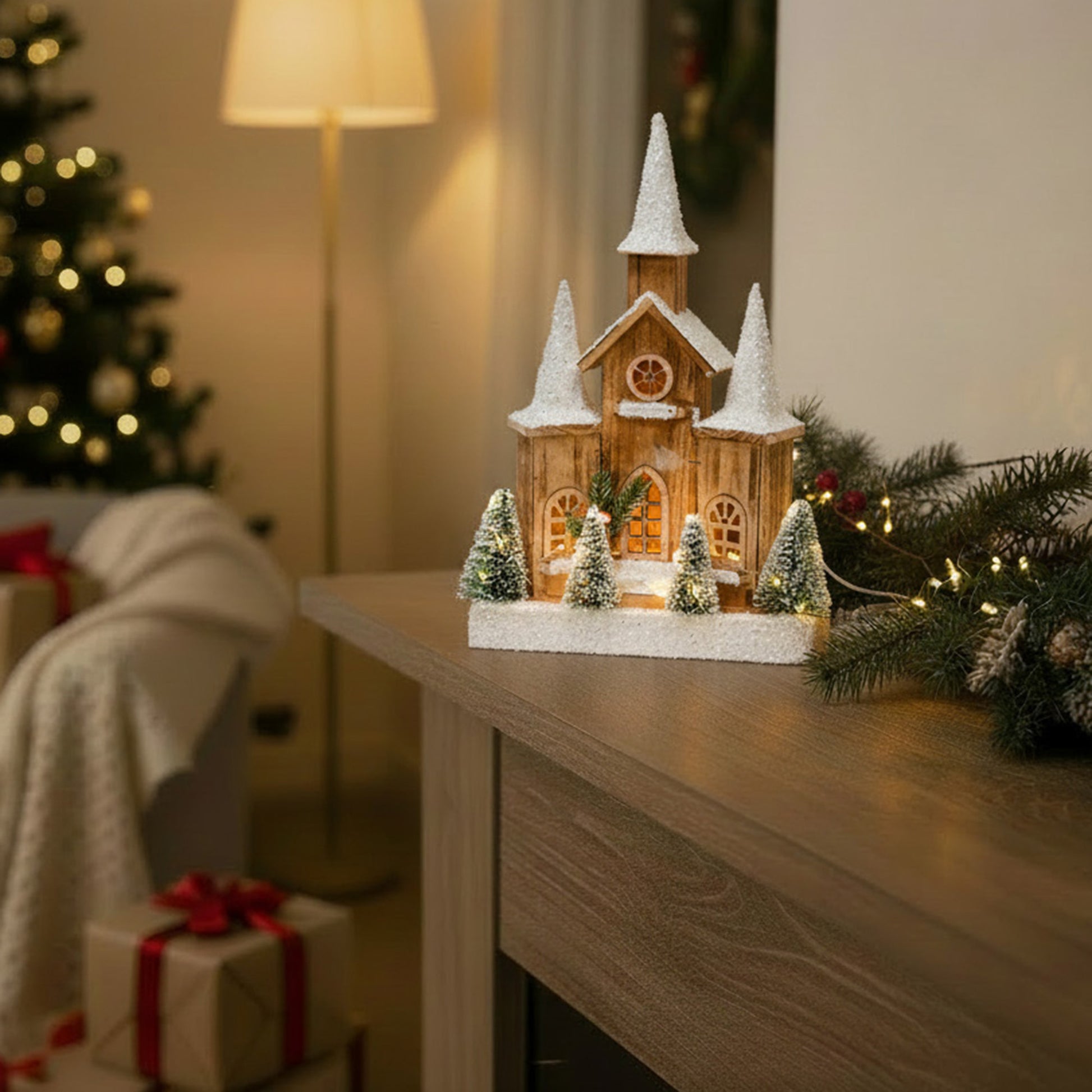 LED Snow Covered Natural Wooden Cathedral With Timer, Winter, Holiday Decor