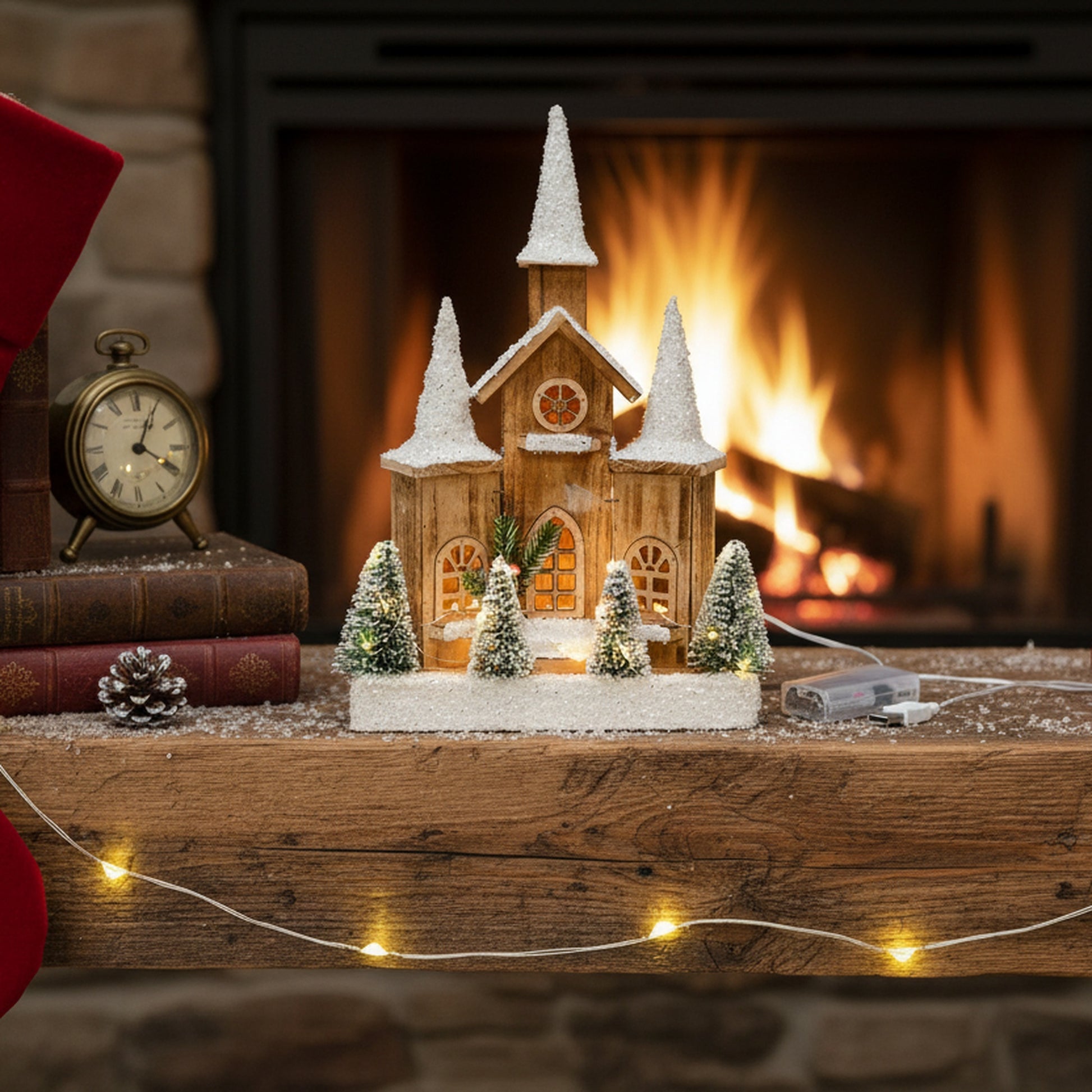 LED Snow Covered Natural Wooden Cathedral With Timer, Winter, Holiday Decor