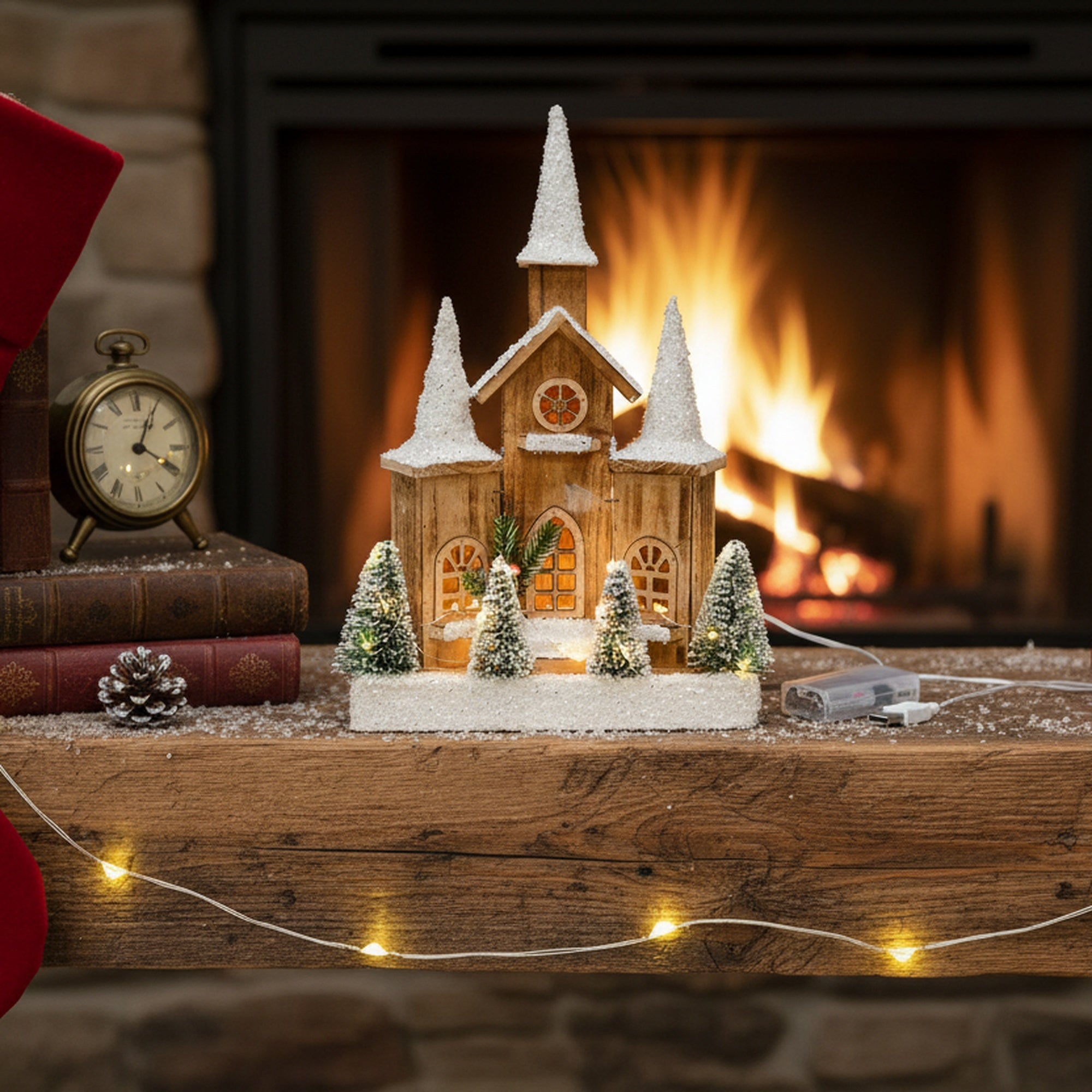 LED Snow Covered Natural Wooden Cathedral With Timer, Winter, Holiday Decor