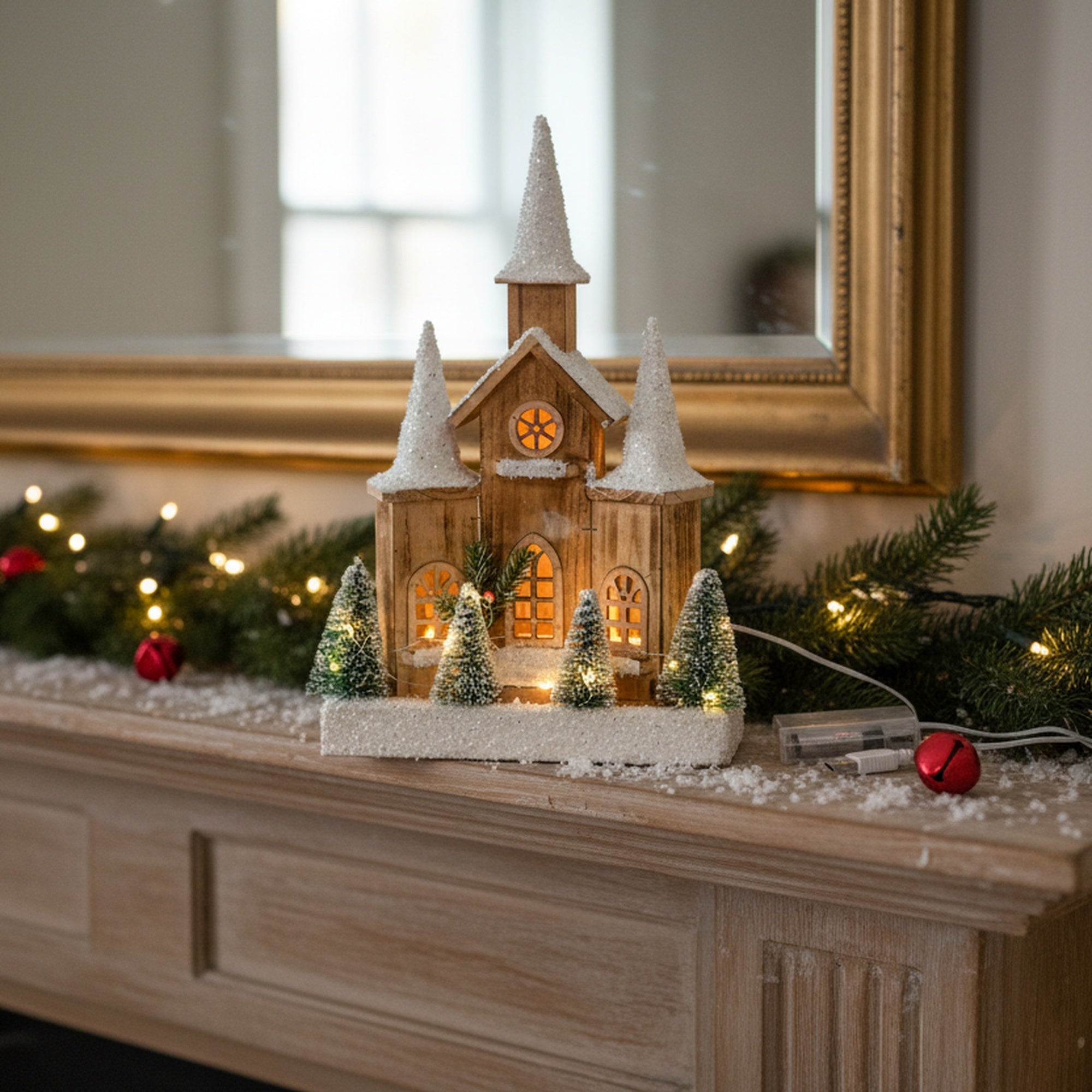 LED Snow Covered Natural Wooden Cathedral With Timer, Winter, Holiday Decor