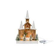 LED Snow Covered Natural Wooden Cathedral With Timer, Winter, Holiday Decor