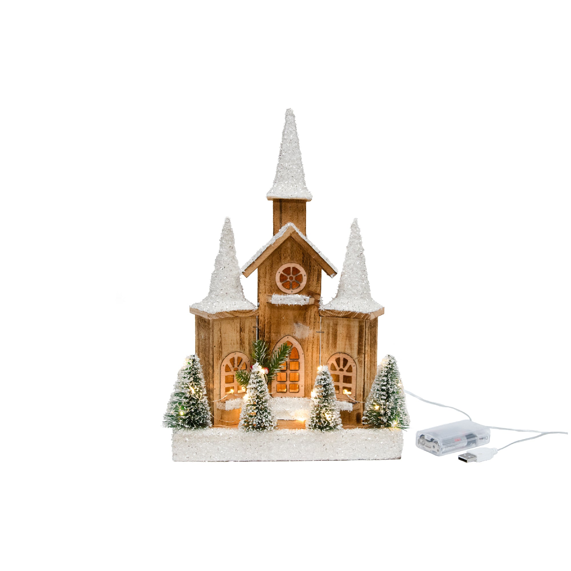 LED Snow Covered Natural Wooden Cathedral With Timer, Winter, Holiday Decor