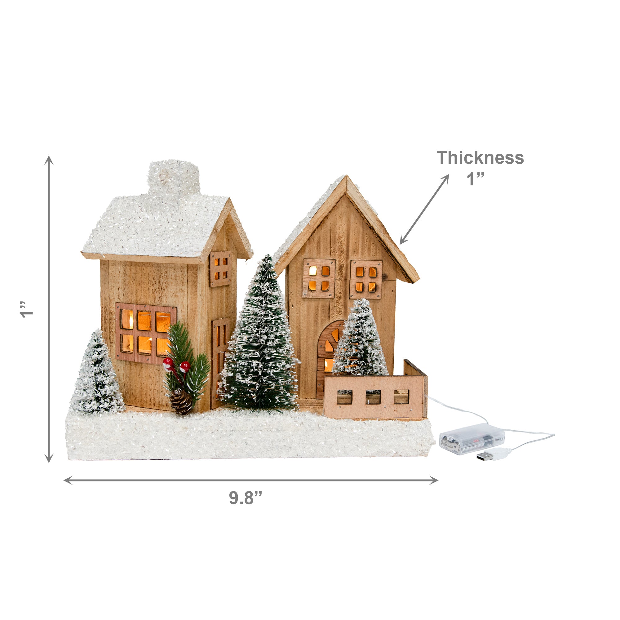 LED Snow Covered Natural Wooden Houses with Trees With Timer, Winter, Holiday Decor