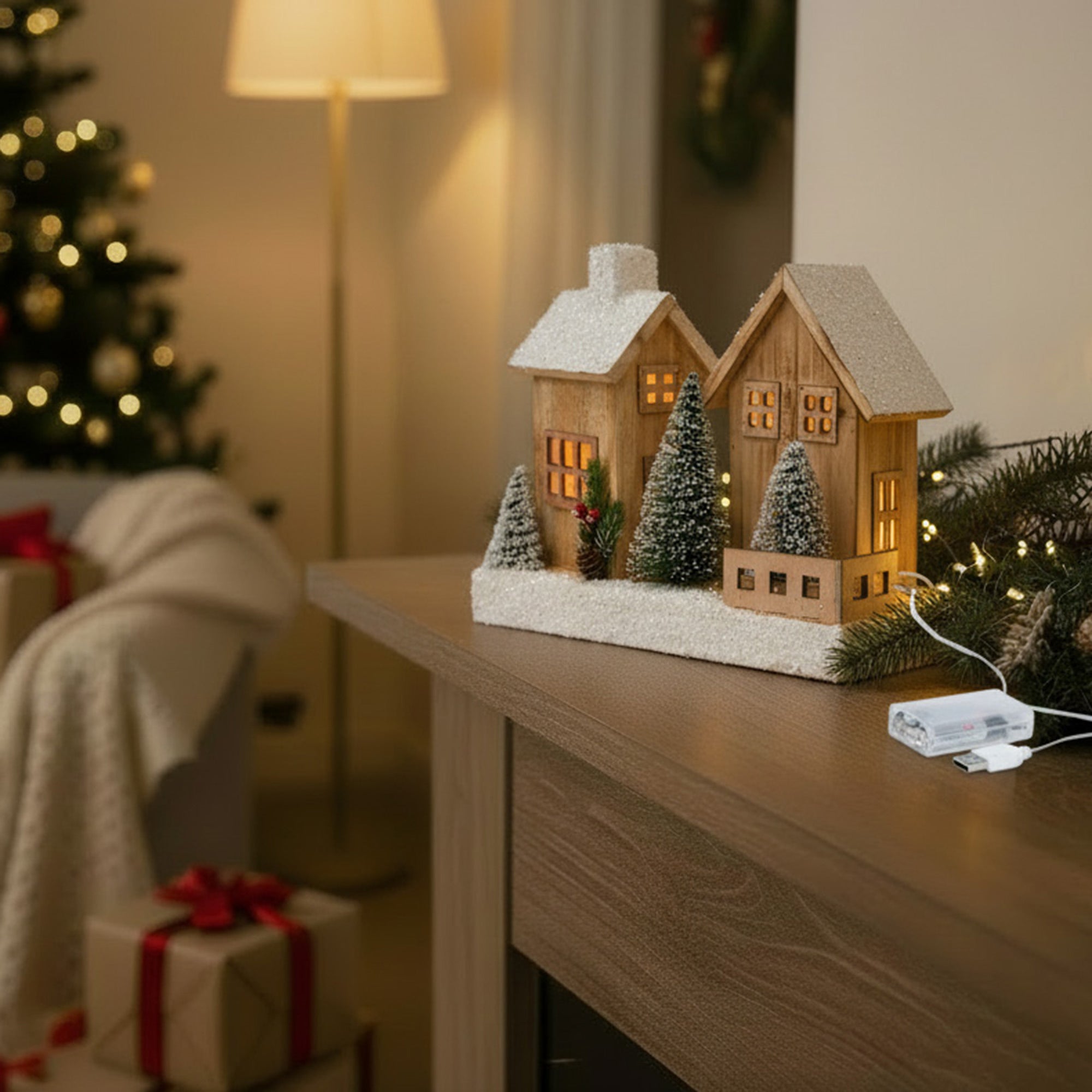 LED Snow Covered Natural Wooden Houses with Trees With Timer, Winter, Holiday Decor