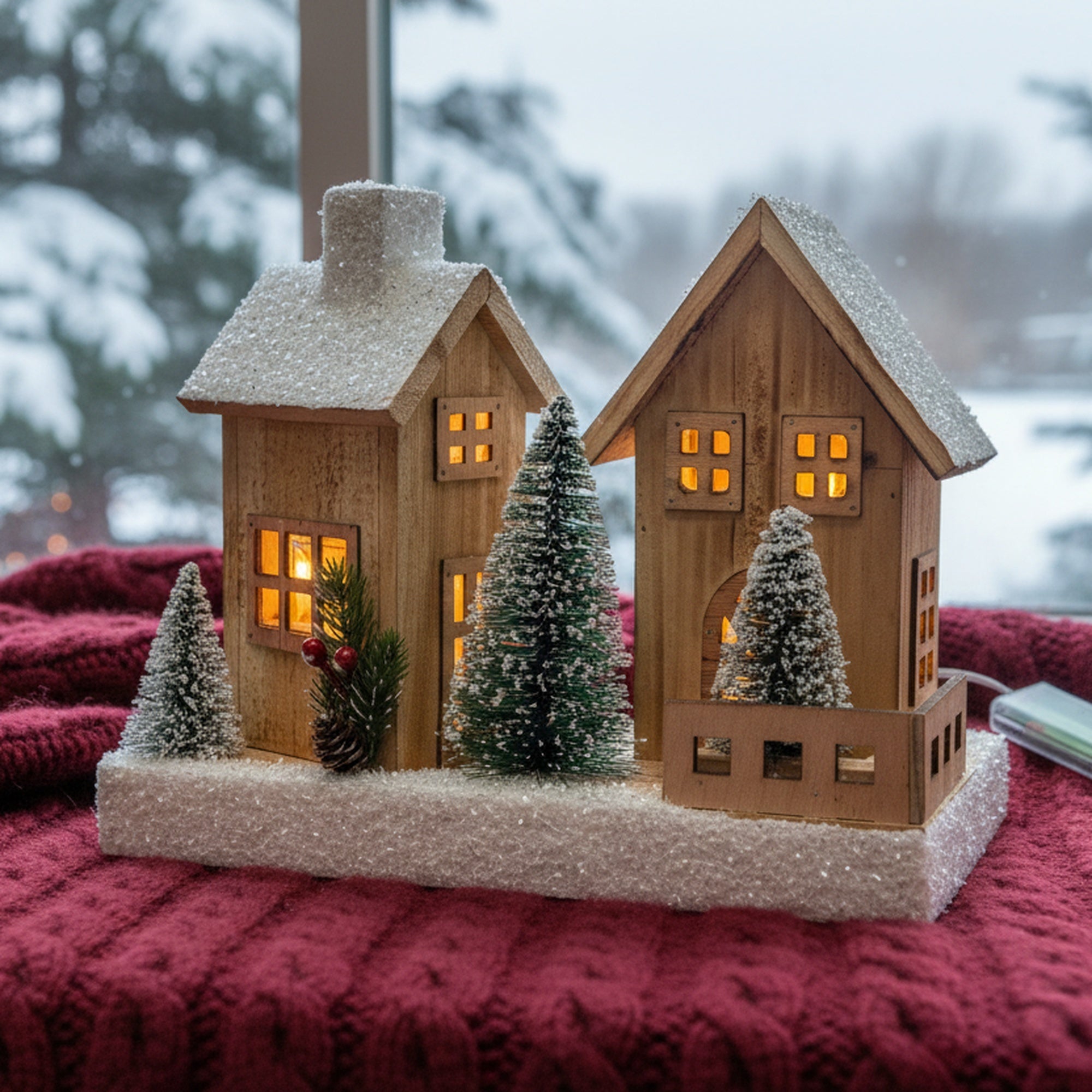 LED Snow Covered Natural Wooden Houses with Trees With Timer, Winter, Holiday Decor