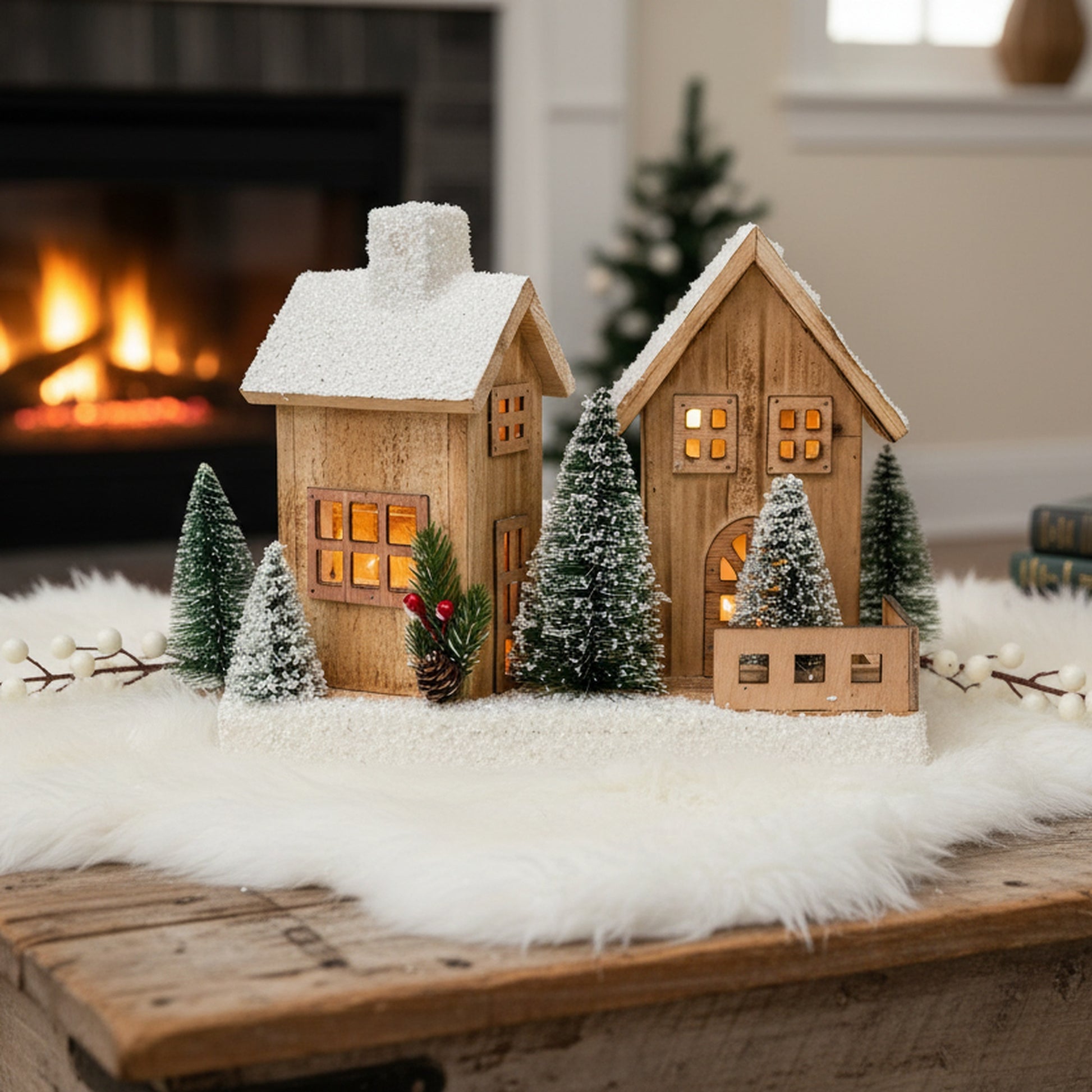 LED Snow Covered Natural Wooden Houses with Trees With Timer, Winter, Holiday Decor