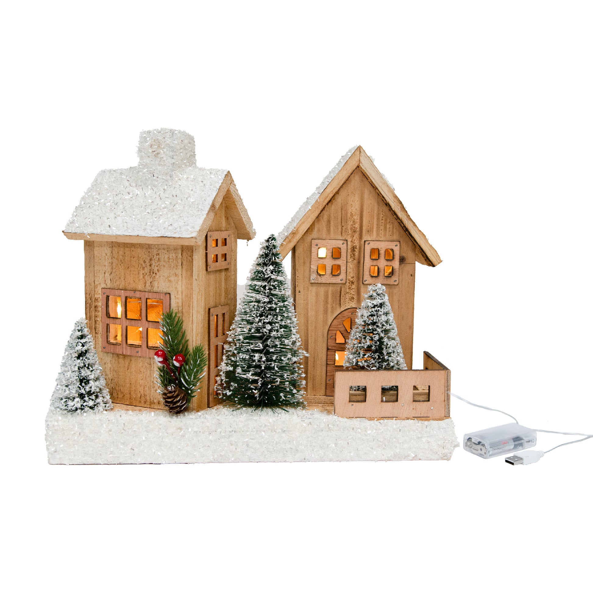 LED Snow Covered Natural Wooden Houses with Trees With Timer, Winter, Holiday Decor