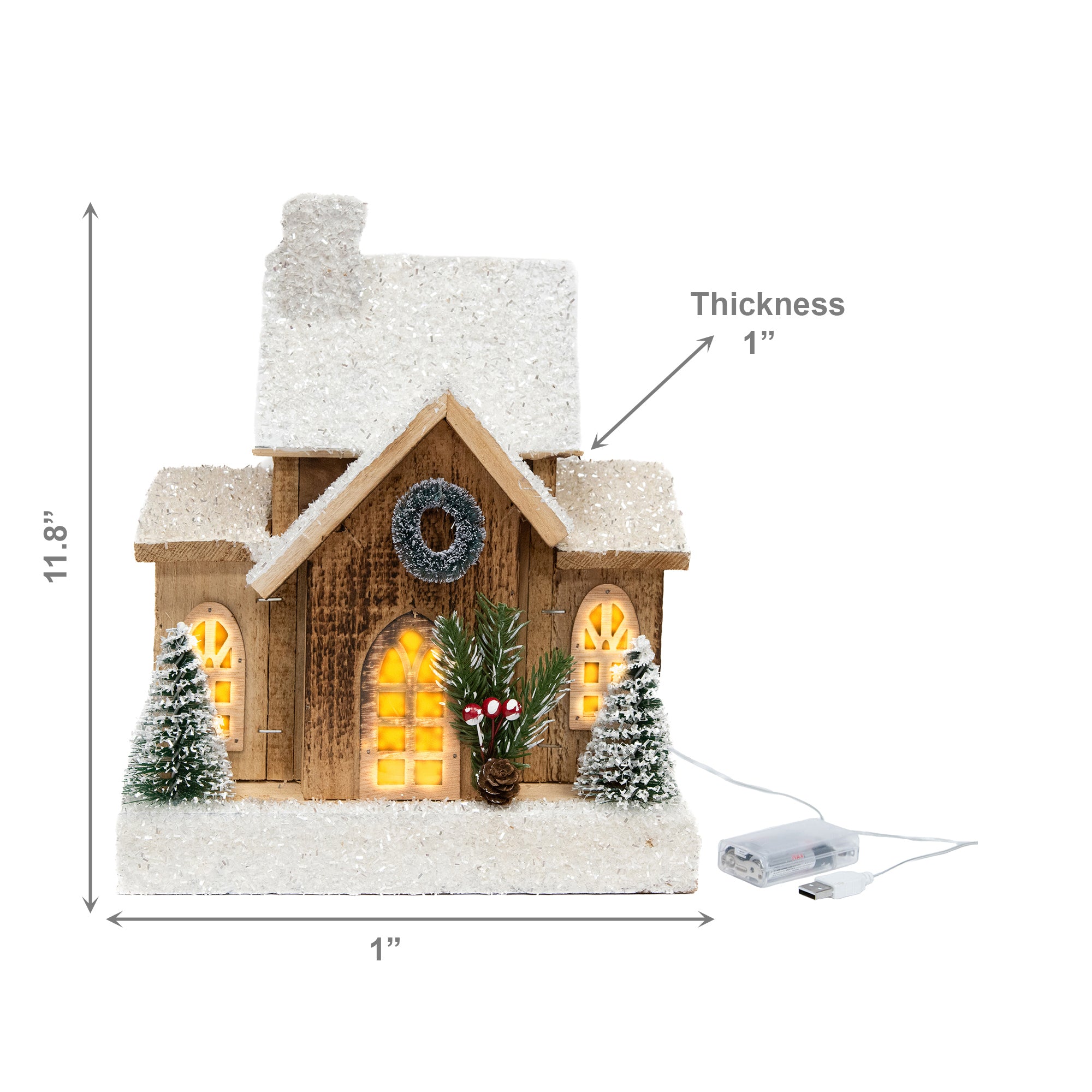 LED Snow Covered Natural Wooden House with Wreath With Timer, Winter, Wreath, Holiday Decor