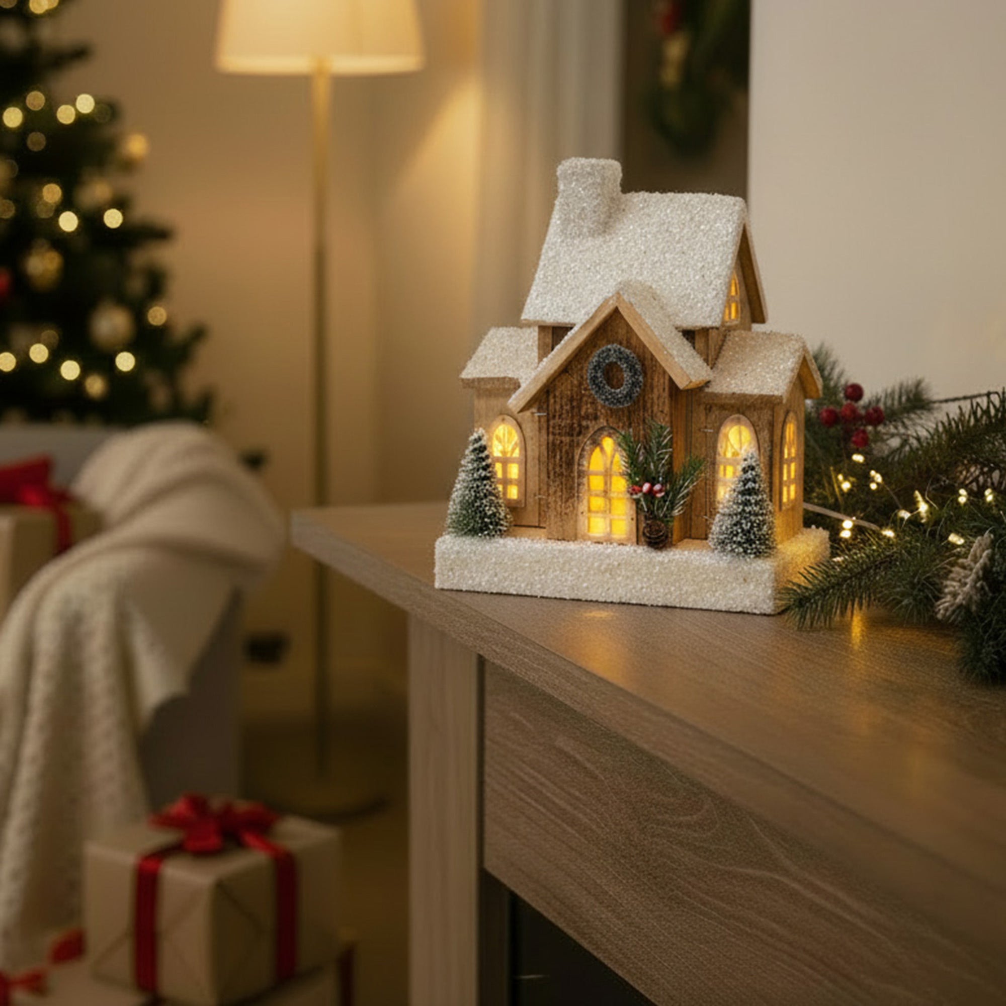 LED Snow Covered Natural Wooden House with Wreath With Timer, Winter, Wreath, Holiday Decor