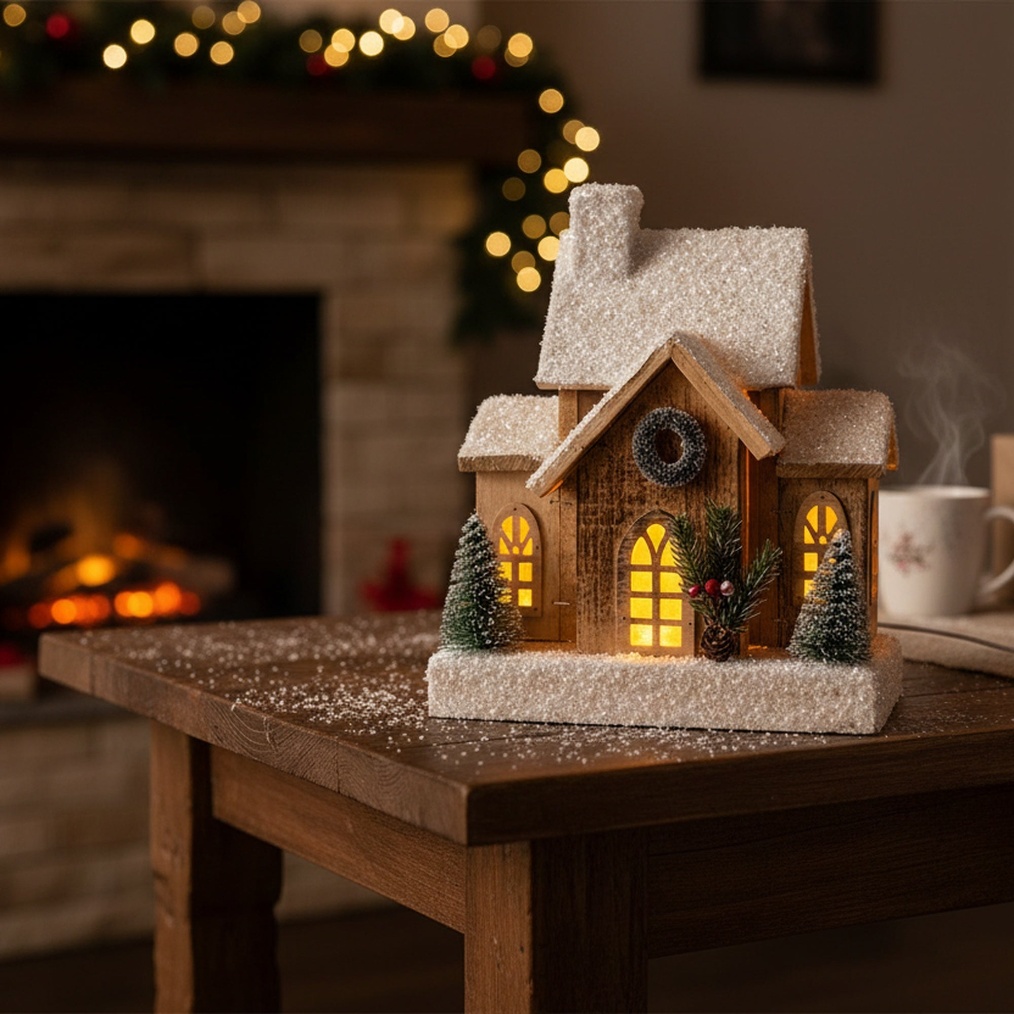 LED Snow Covered Natural Wooden House with Wreath With Timer, Winter, Wreath, Holiday Decor