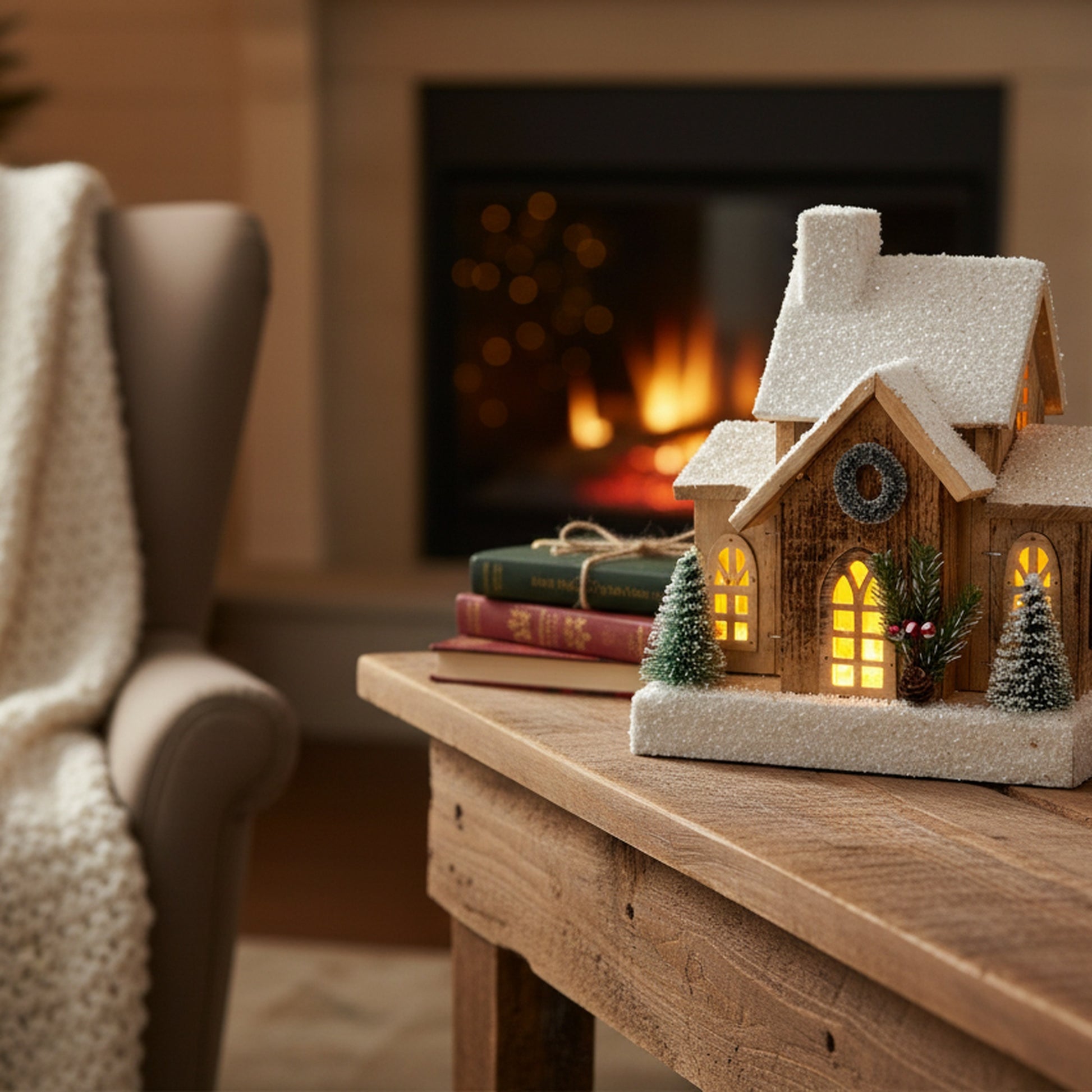 LED Snow Covered Natural Wooden House with Wreath With Timer, Winter, Wreath, Holiday Decor
