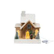LED Snow Covered Natural Wooden House with Wreath With Timer, Winter, Wreath, Holiday Decor