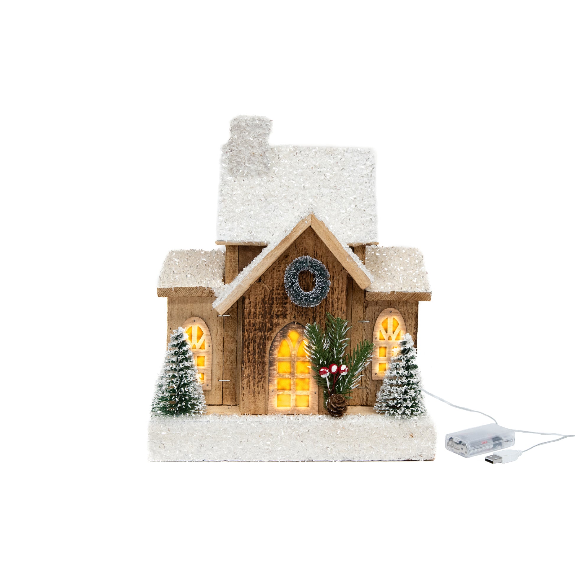 LED Snow Covered Natural Wooden House with Wreath With Timer, Winter, Wreath, Holiday Decor