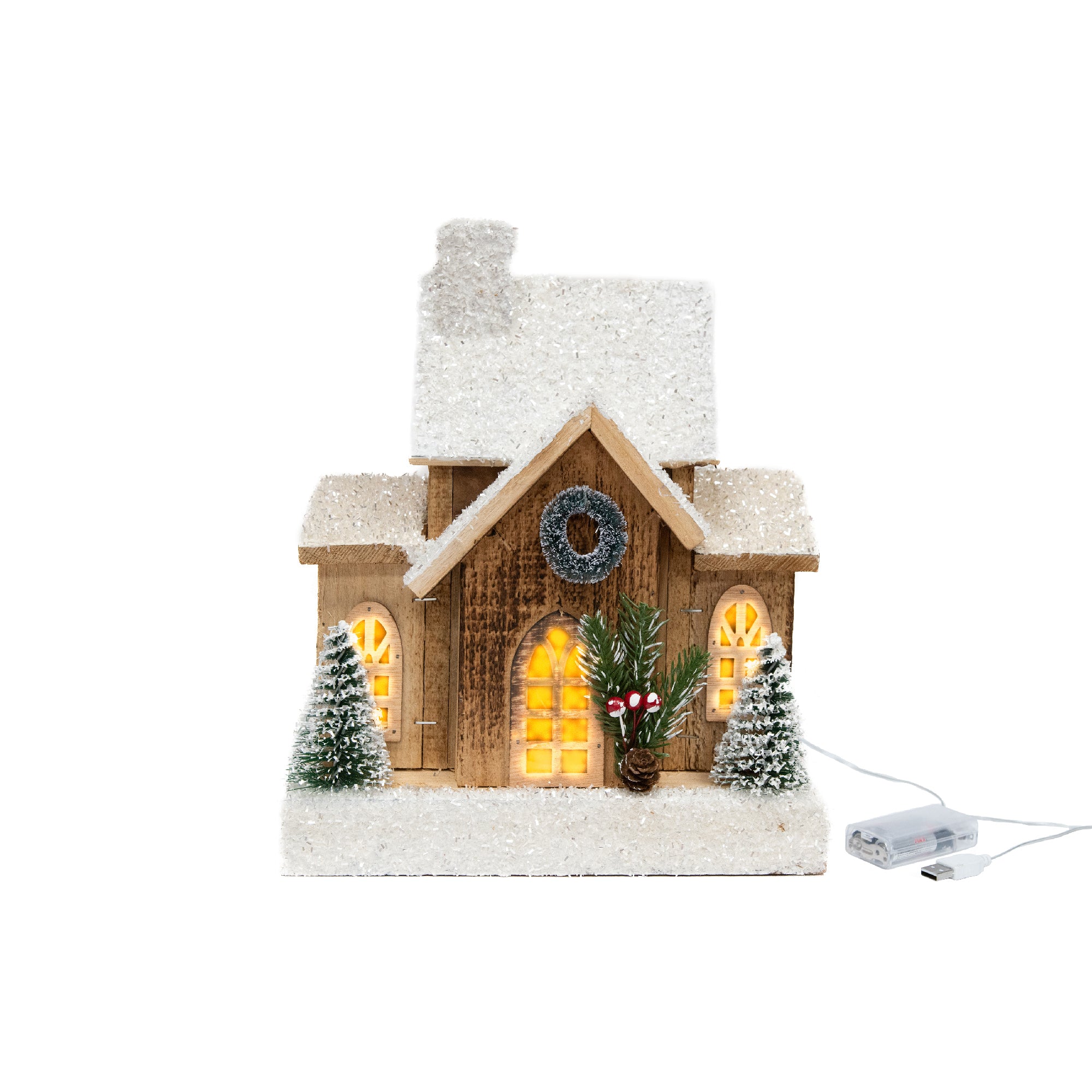 LED Snow Covered Natural Wooden House with Wreath With Timer, Winter, Wreath, Holiday Decor