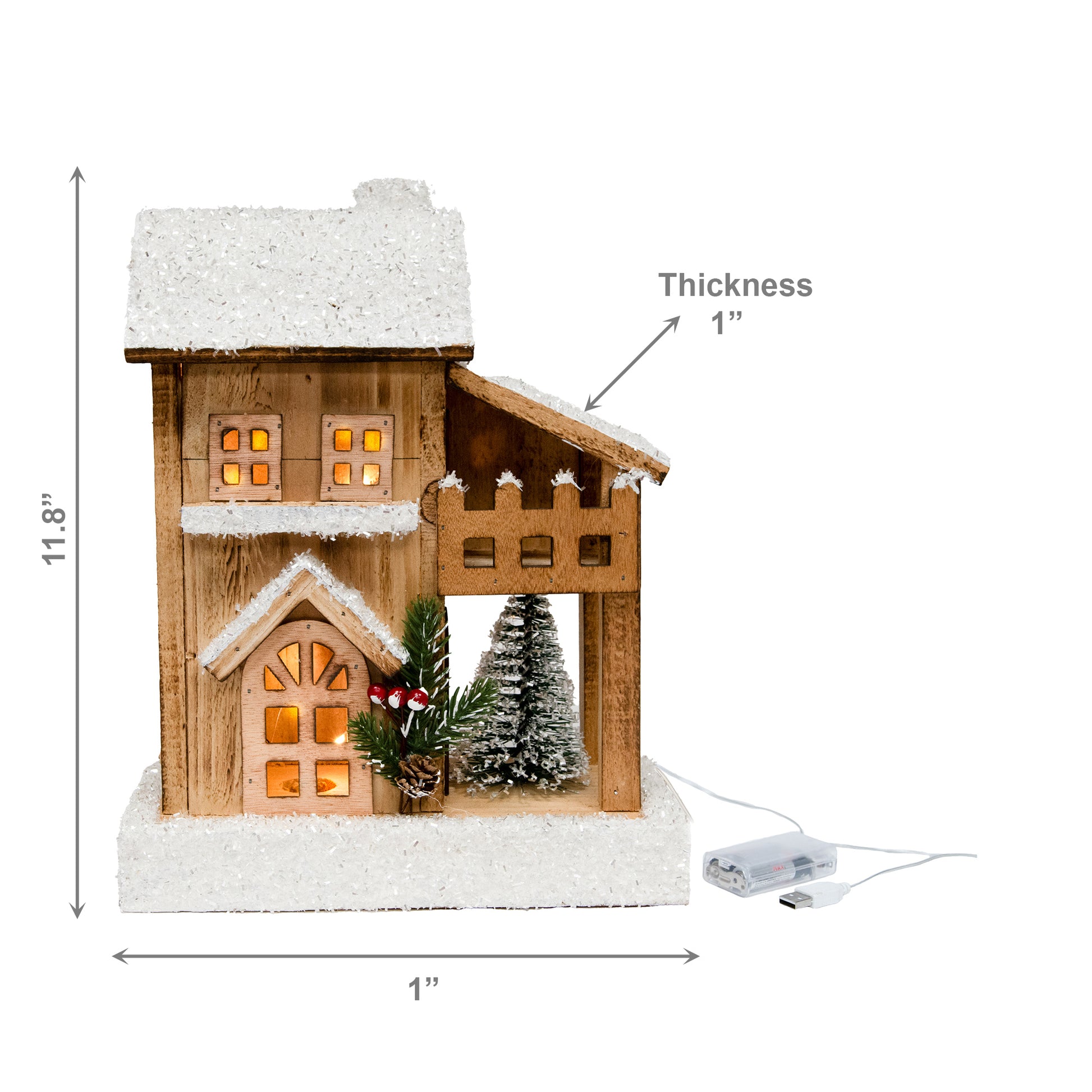 LED Snow Covered Natural Wooden TwoStory House with Timer, Winter, Holiday Decor