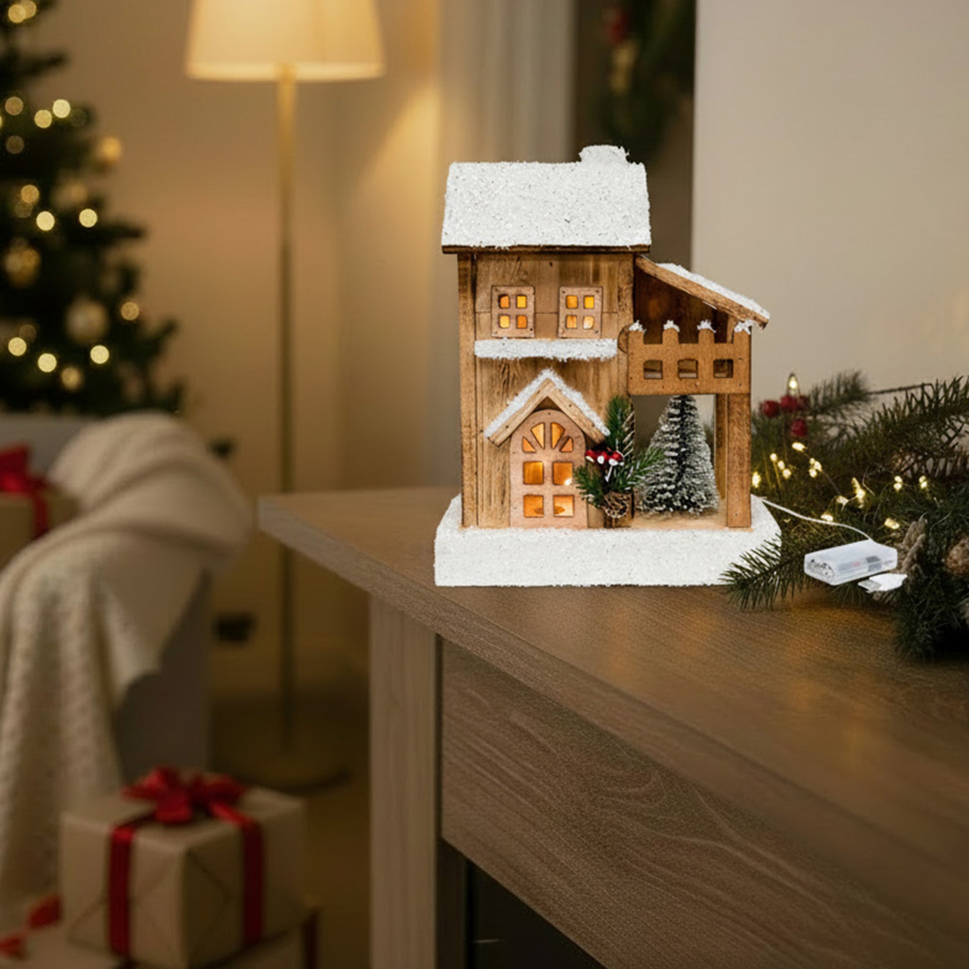 LED Snow Covered Natural Wooden TwoStory House with Timer, Winter, Holiday Decor
