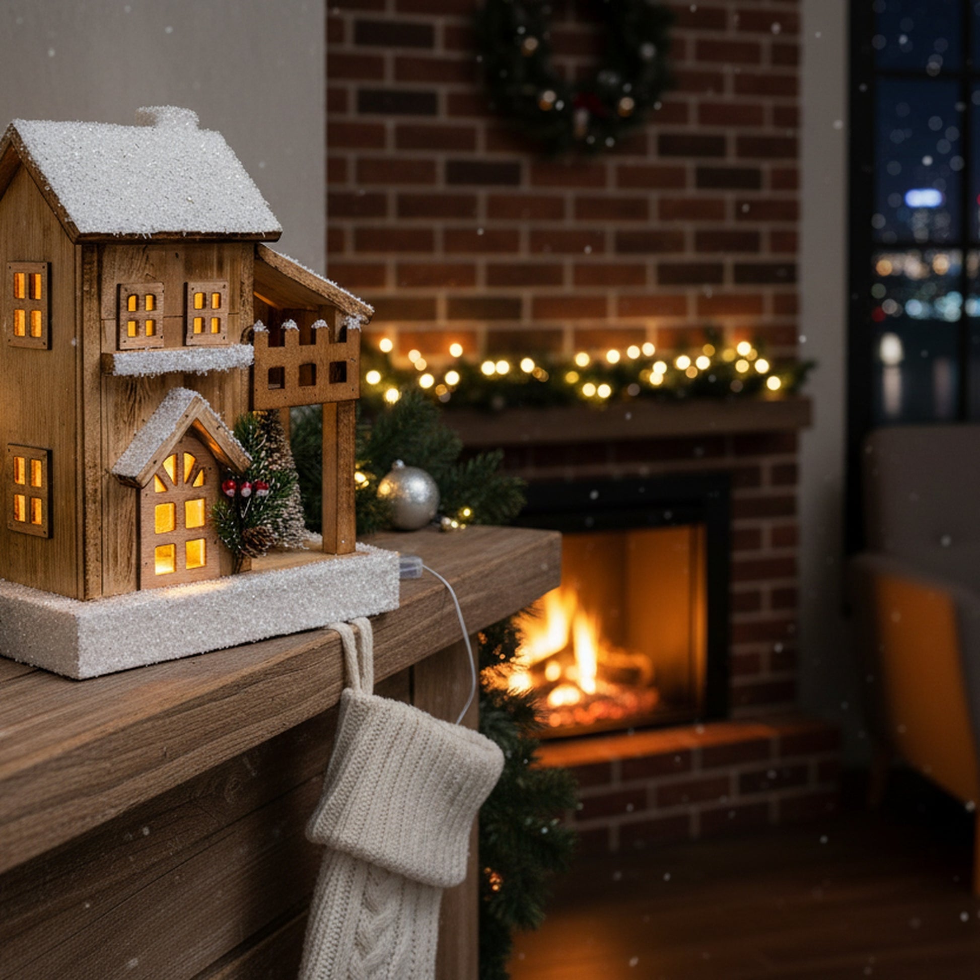 LED Snow Covered Natural Wooden TwoStory House with Timer, Winter, Holiday Decor