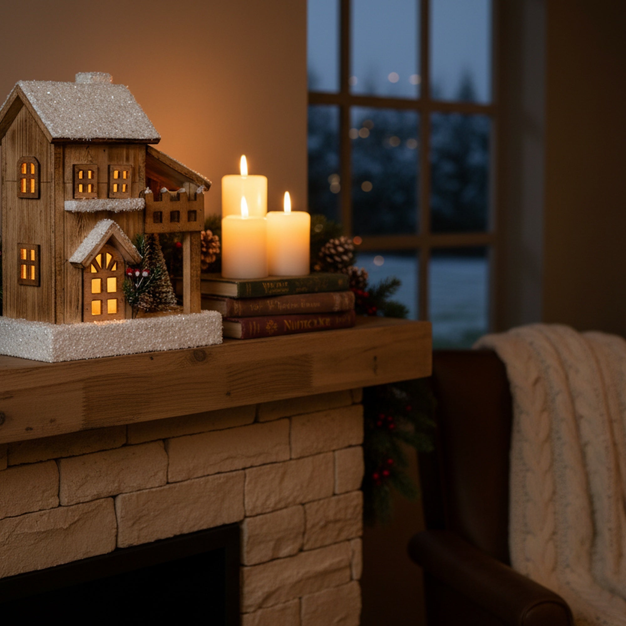 LED Snow Covered Natural Wooden TwoStory House with Timer, Winter, Holiday Decor