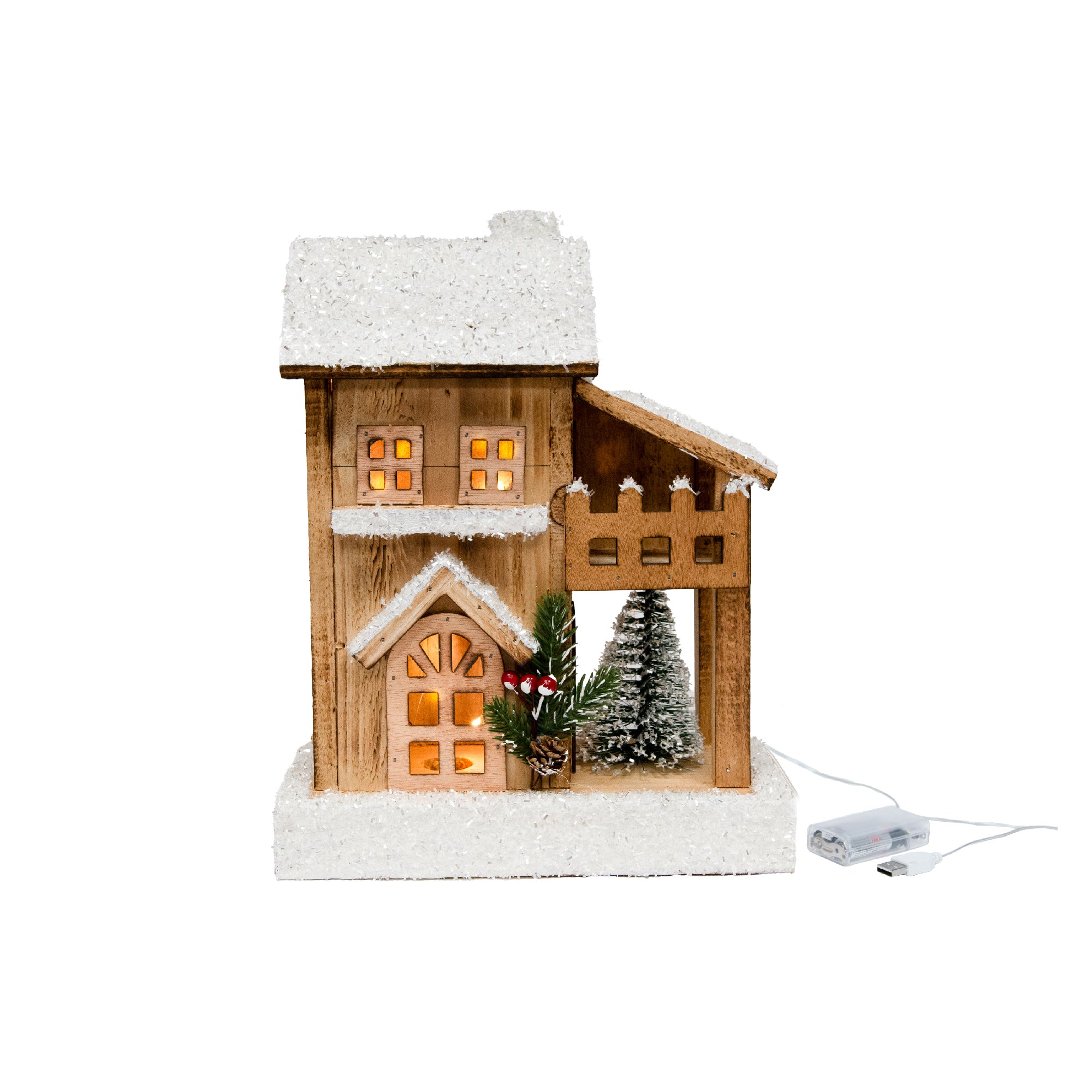 LED Snow Covered Natural Wooden TwoStory House with Timer, Winter, Holiday Decor