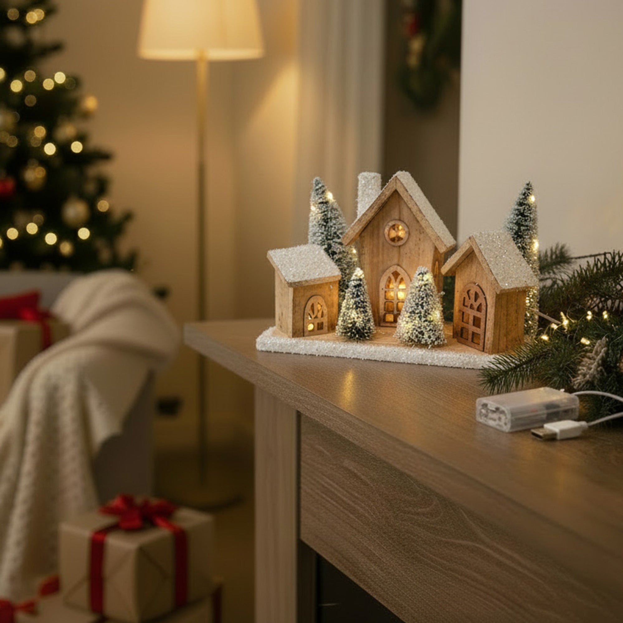 LED Snow Covered Natural Wooden Cottages With Timer, Winter, Holiday Decor