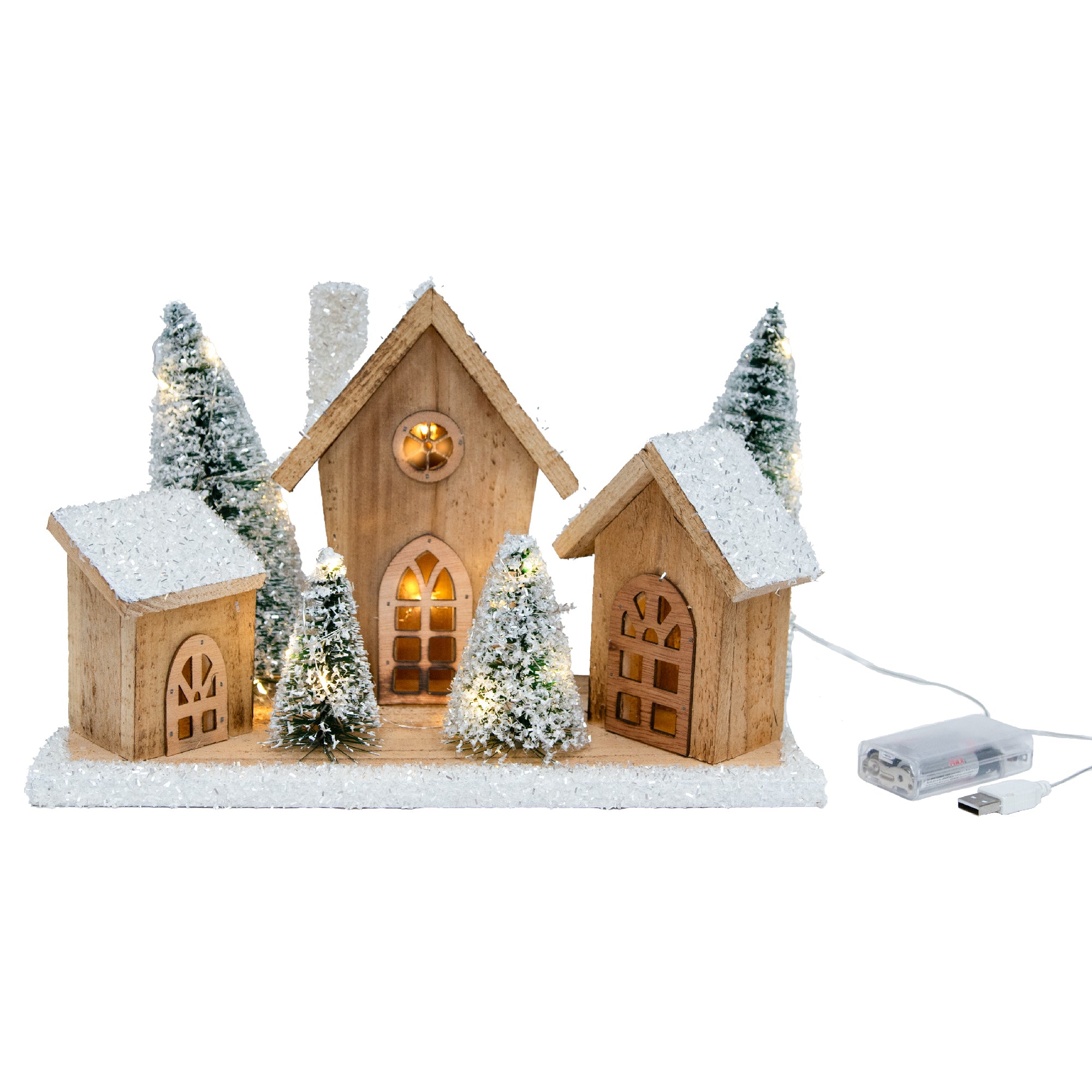 LED Snow Covered Natural Wooden Cottages With Timer, Winter, Holiday Decor