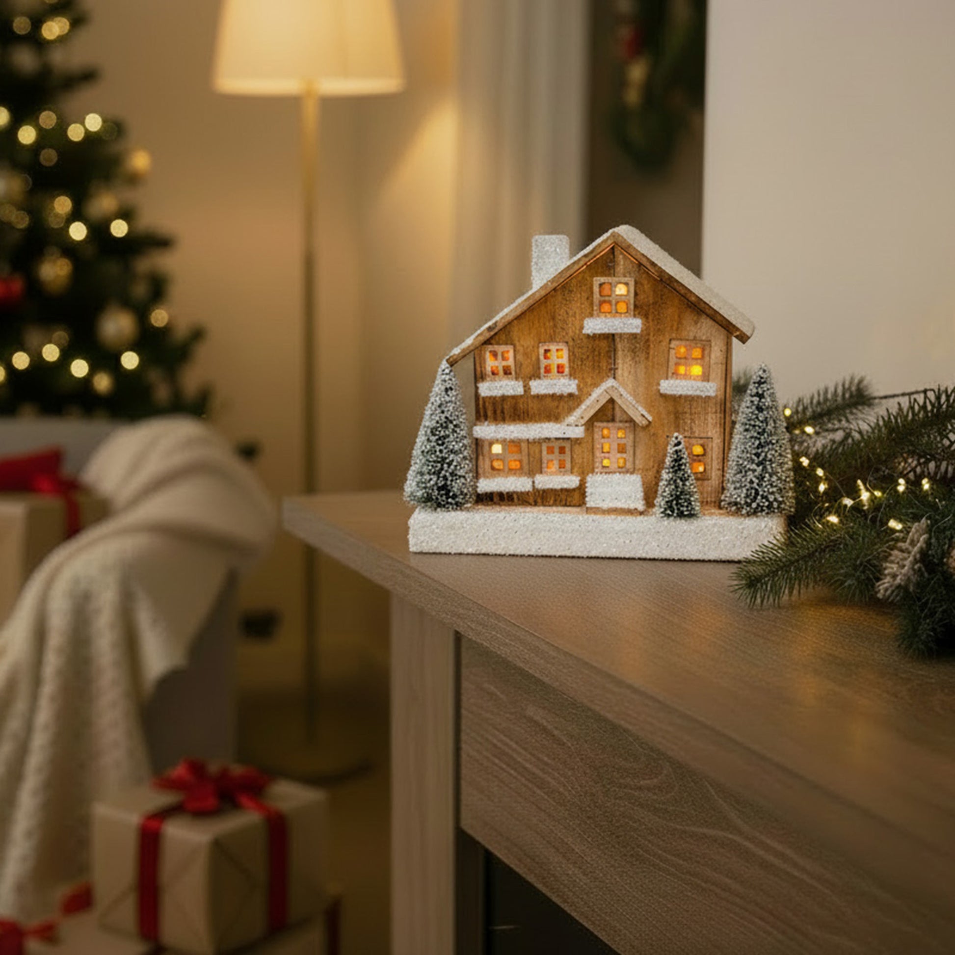 LED Snow Covered Natural Wooden Alpine Lodge With Timer, Winter, Holiday Decor