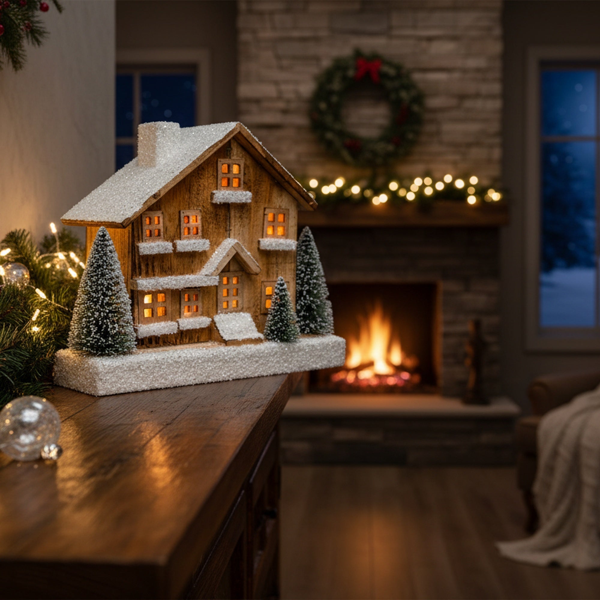 LED Snow Covered Natural Wooden Alpine Lodge With Timer, Winter, Holiday Decor