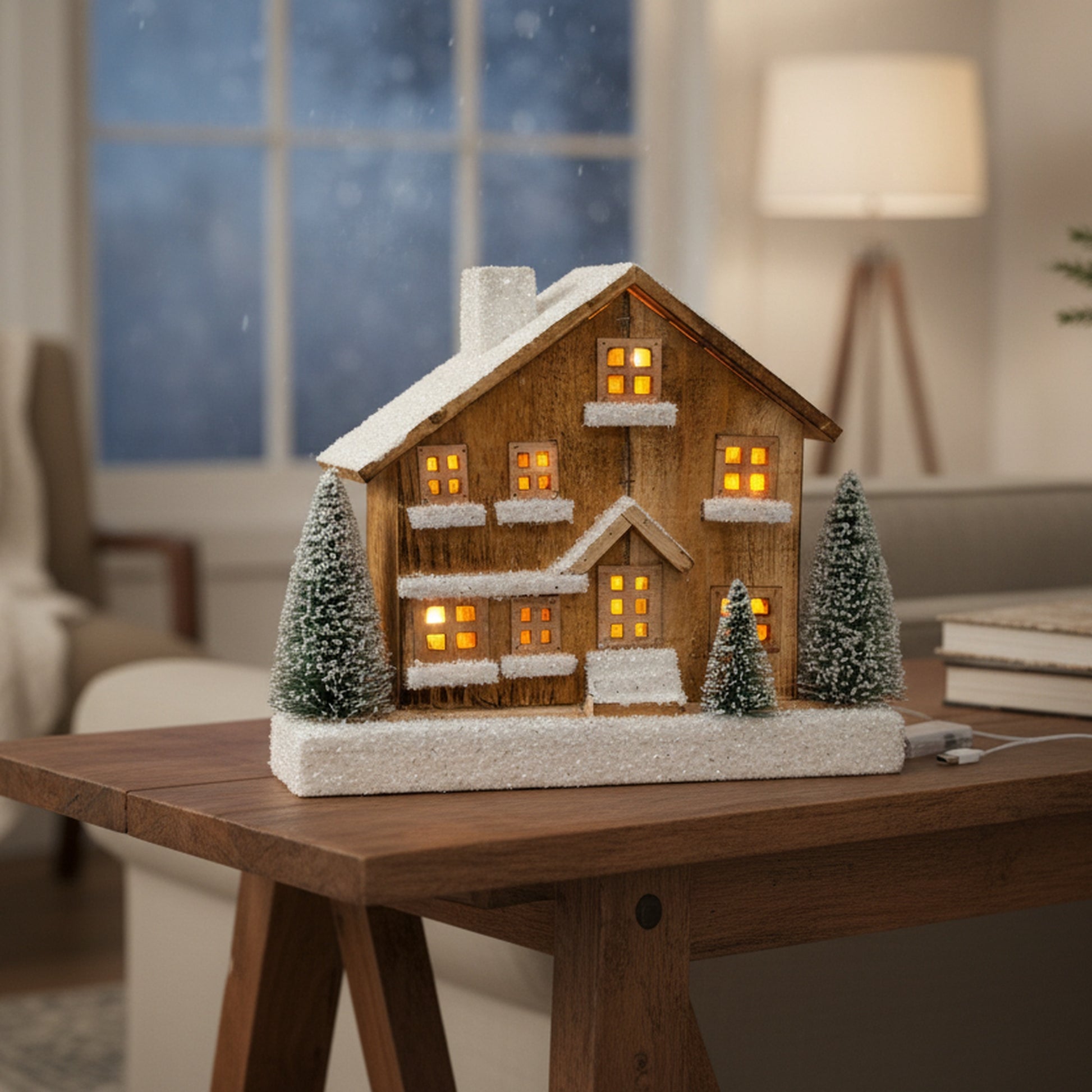 LED Snow Covered Natural Wooden Alpine Lodge With Timer, Winter, Holiday Decor