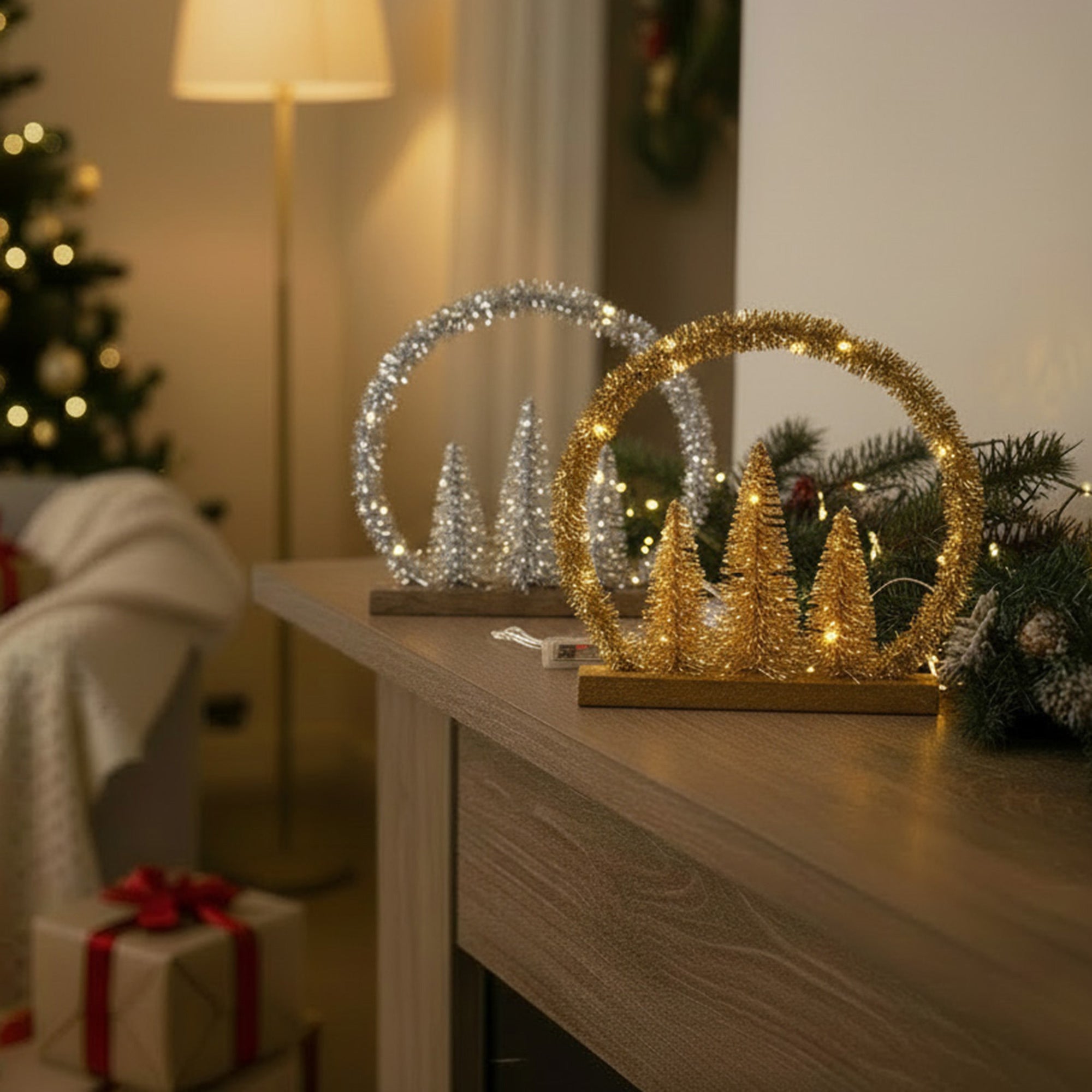LED Tinsel Arch Tree Table Decor With Timer Assorted, Tinsel Decor, Holiday Decor