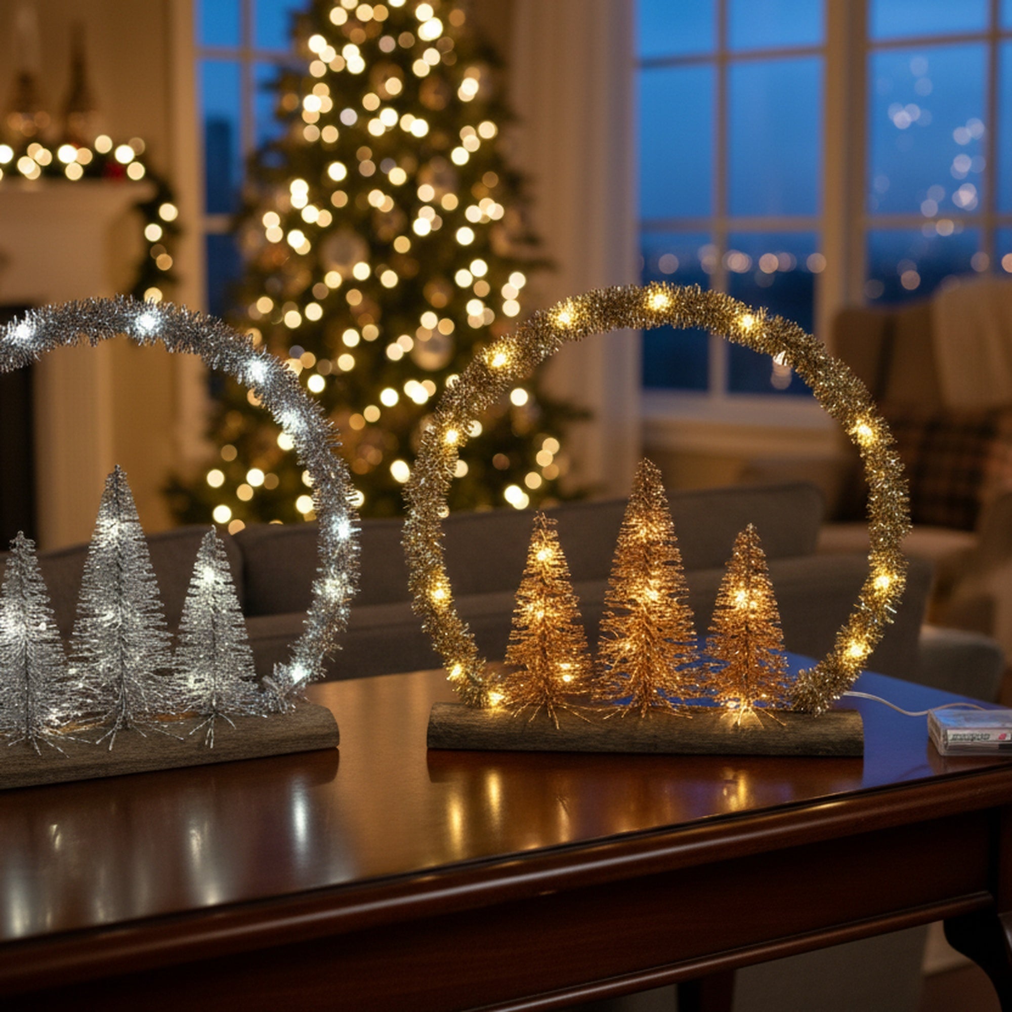 LED Tinsel Arch Tree Table Decor With Timer Assorted, Tinsel Decor, Holiday Decor