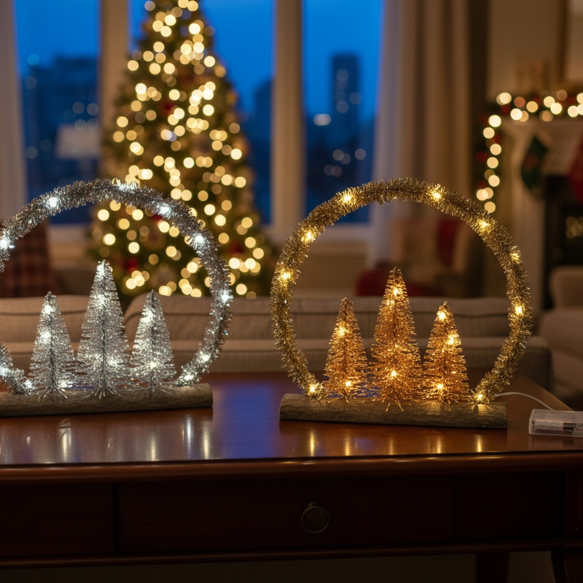 LED Tinsel Arch Tree Table Decor With Timer Assorted, Tinsel Decor, Holiday Decor