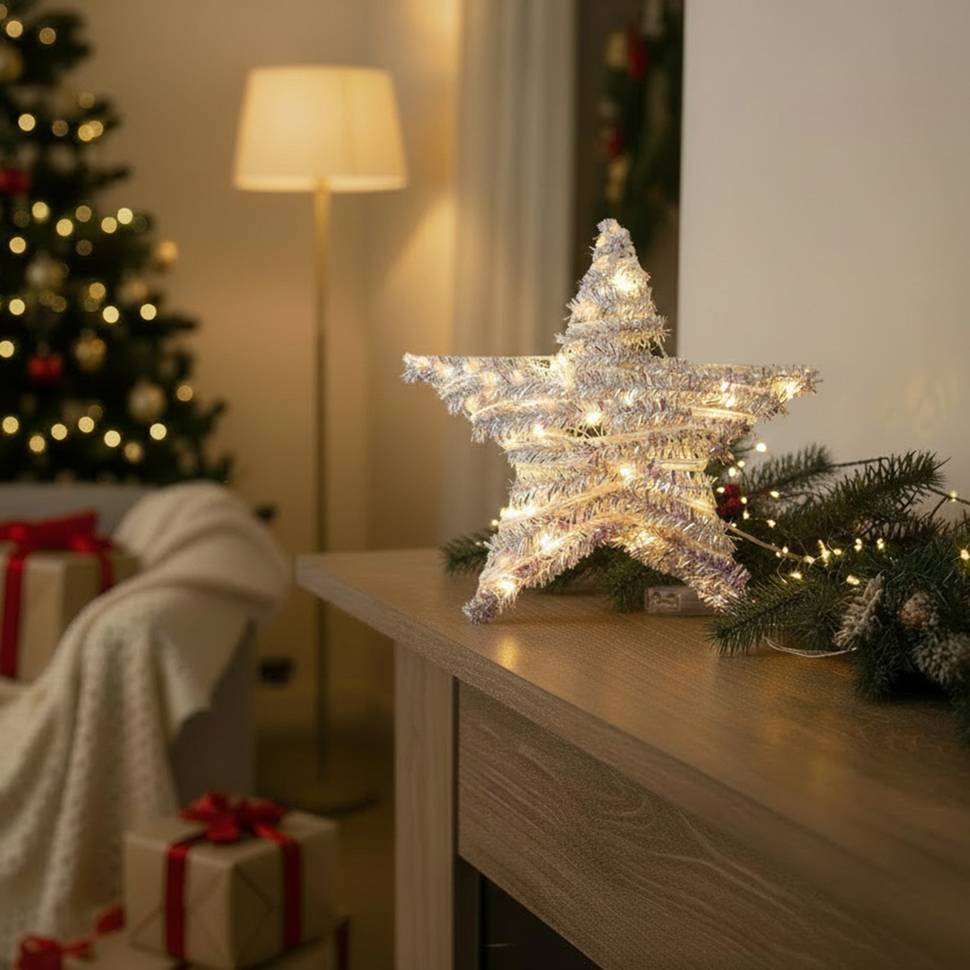 LED Silver Tinsel Star With Timer, Tinsel Decor, Holiday Decor