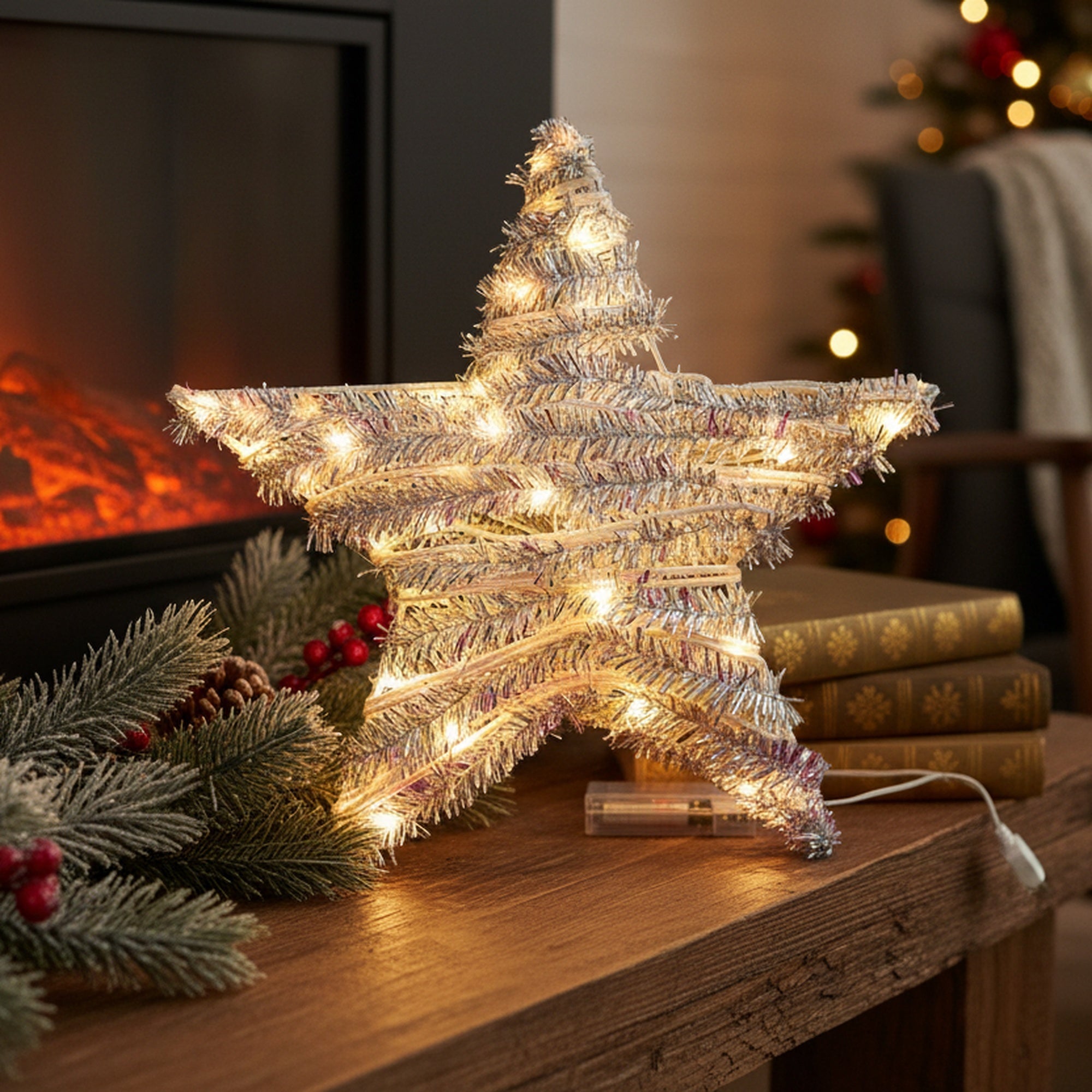 LED Silver Tinsel Star With Timer, Tinsel Decor, Holiday Decor