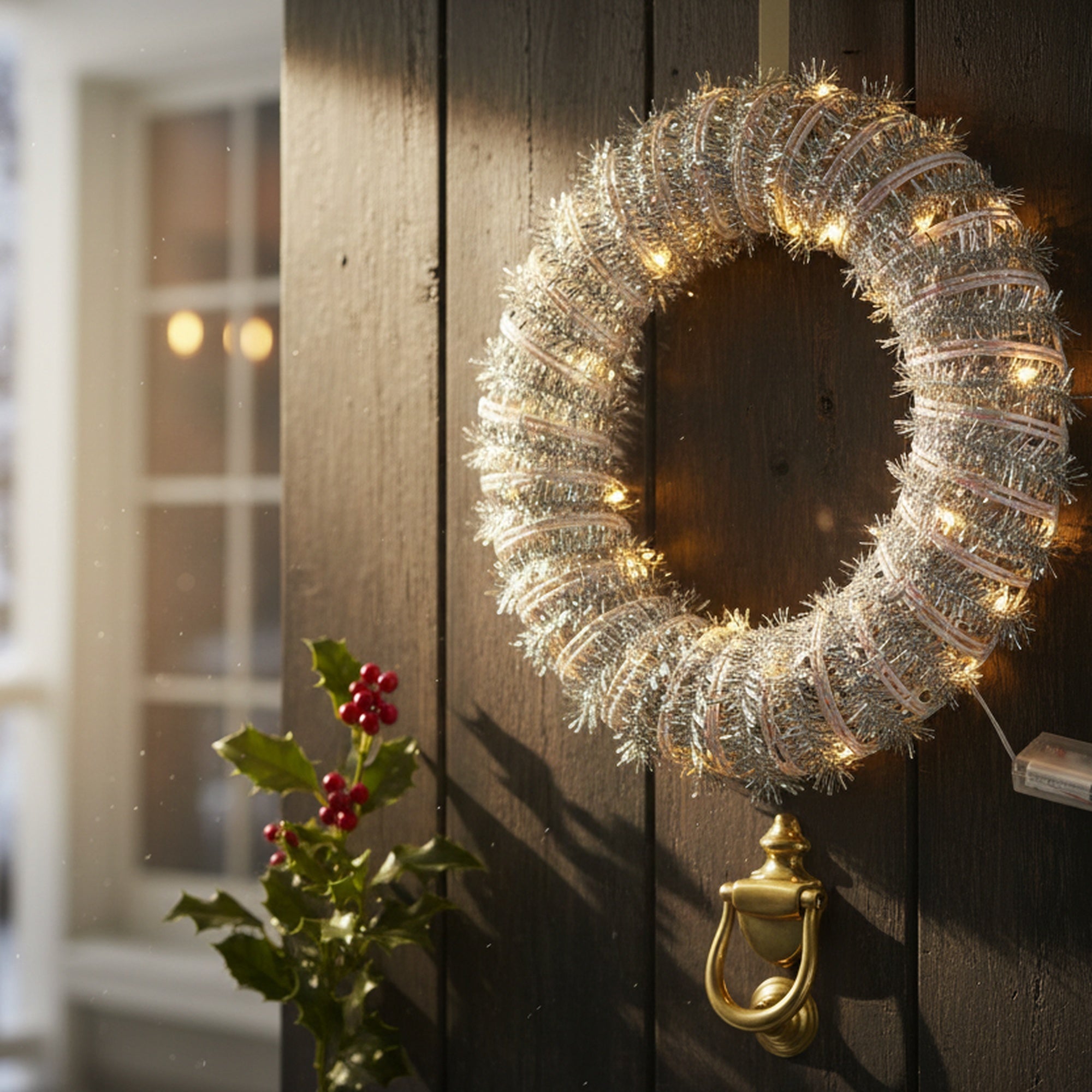 LED Silver Tinsel Wreath With Timer, Wreath, Holiday Decor
