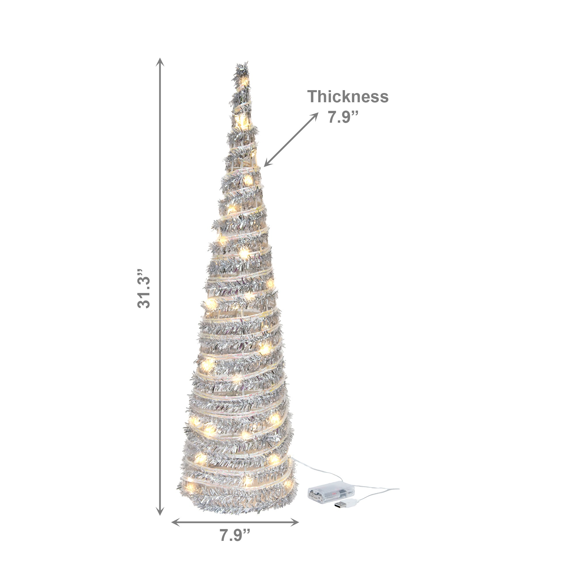 LED Silver Tinsel Cone Tree 31.3" With Timer, Tinsel Decor, Holiday Decor