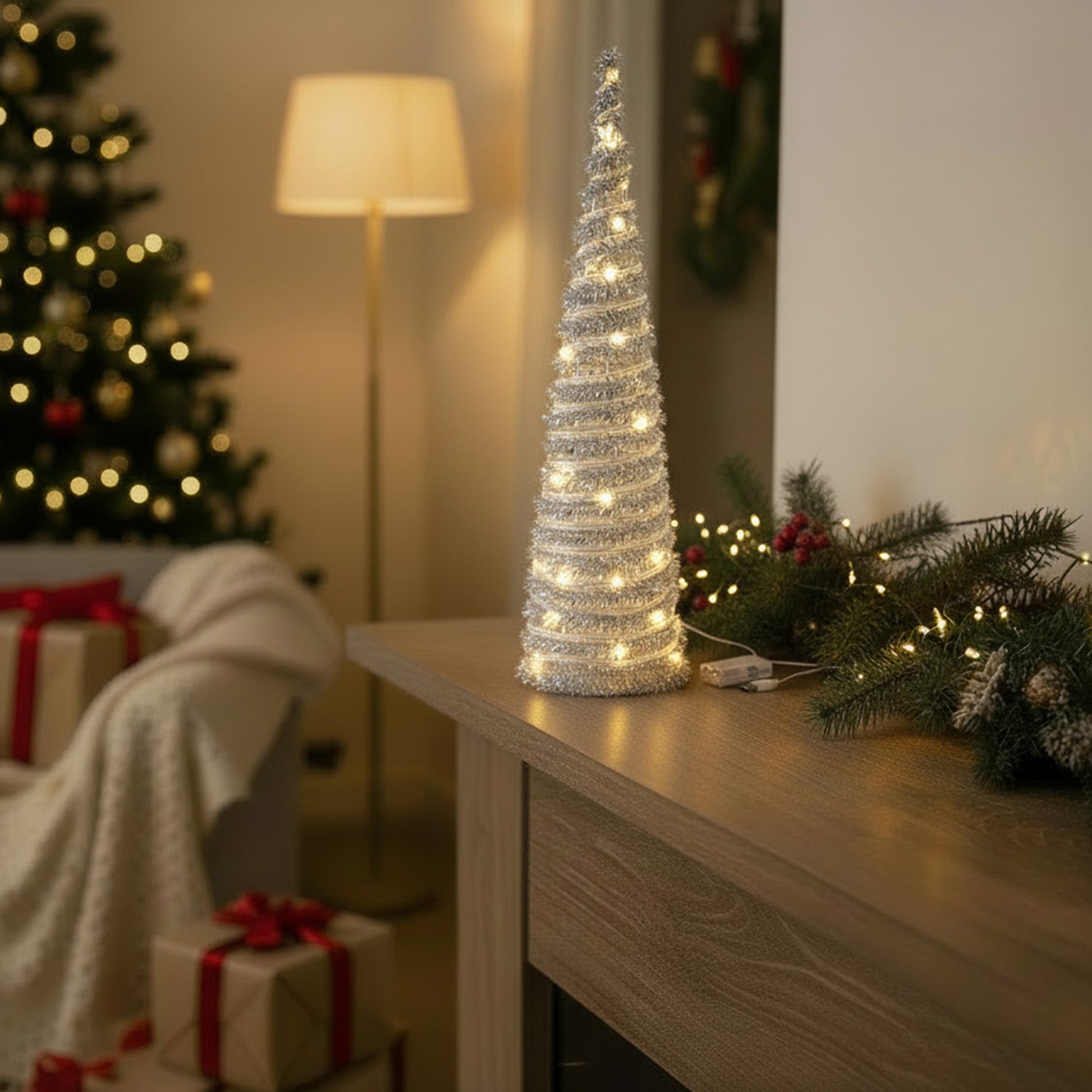 LED Silver Tinsel Cone Tree 31.3" With Timer, Tinsel Decor, Holiday Decor