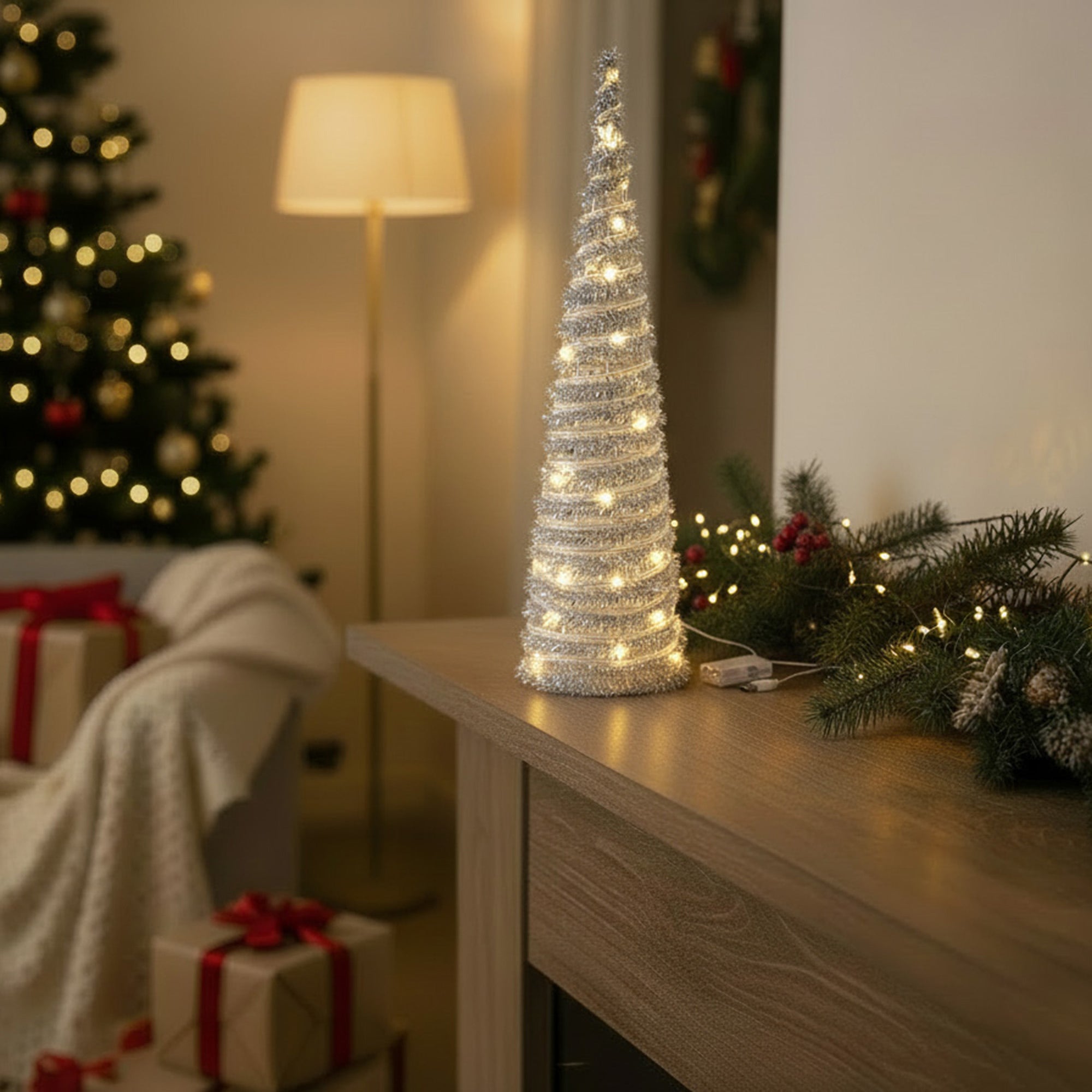 LED Silver Tinsel Cone Tree 31.3" With Timer, Tinsel Decor, Holiday Decor