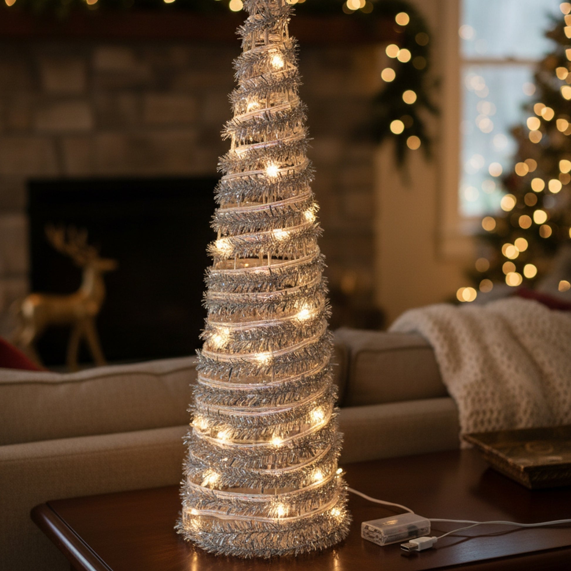 LED Silver Tinsel Cone Tree 31.3" With Timer, Tinsel Decor, Holiday Decor