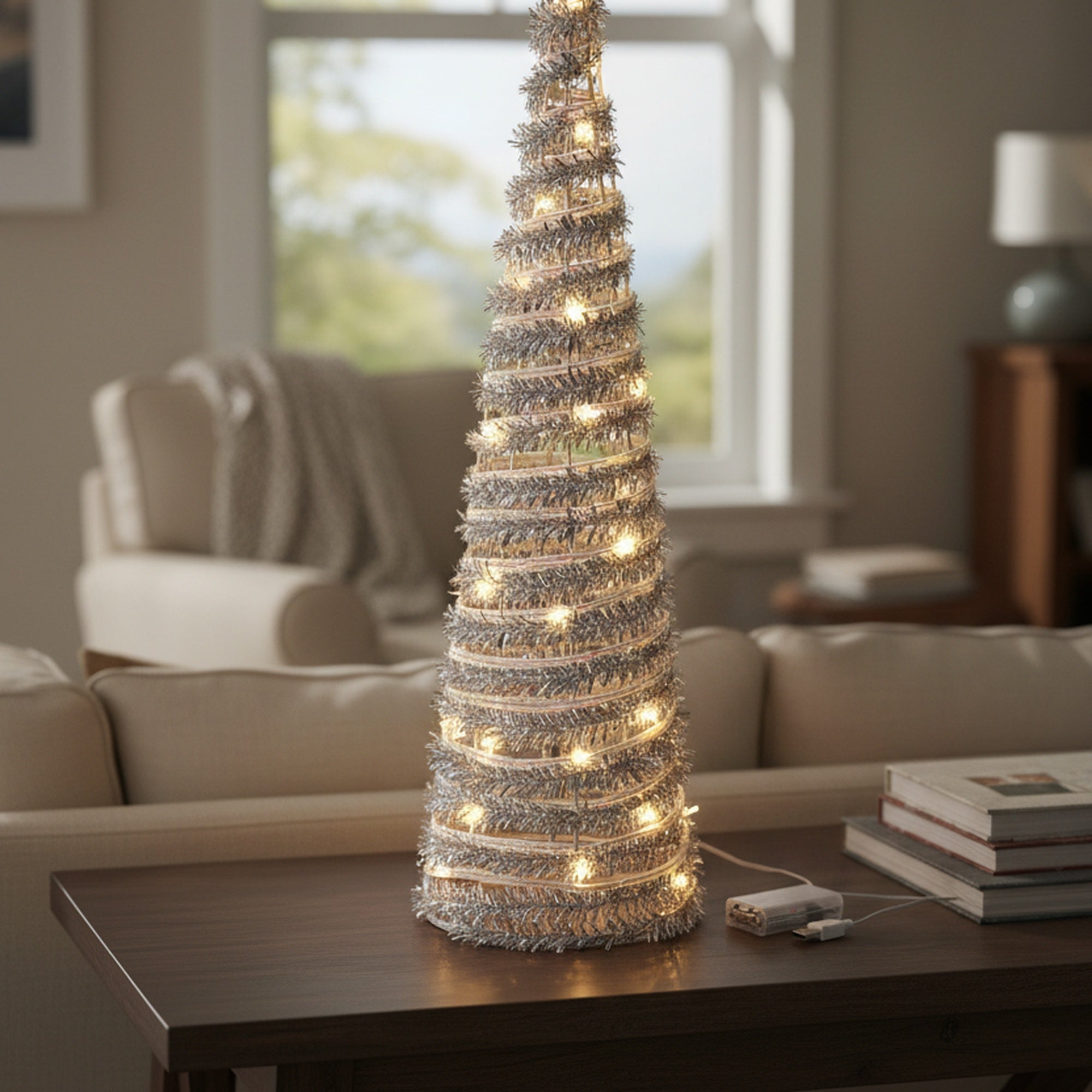LED Silver Tinsel Cone Tree 31.3" With Timer, Tinsel Decor, Holiday Decor