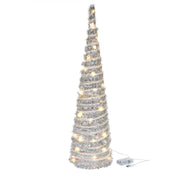LED Silver Tinsel Cone Tree 31.3" With Timer, Tinsel Decor, Holiday Decor