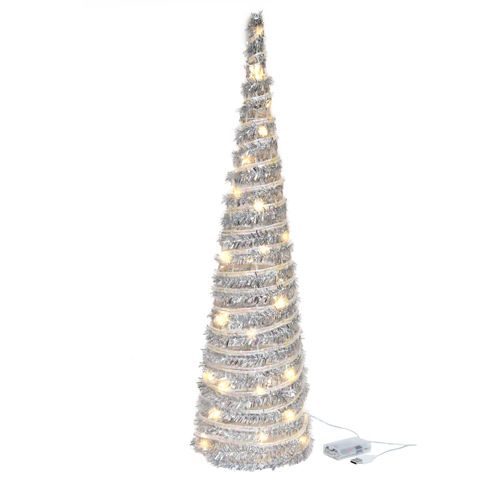 LED Silver Tinsel Cone Tree 31.3" With Timer, Tinsel Decor, Holiday Decor