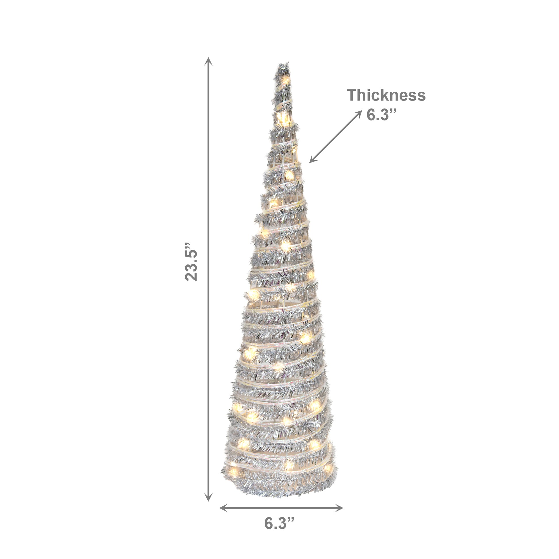 LED Silver Tinsel Cone Tree 23.5" With Timer, Tinsel Decor, Holiday Decor