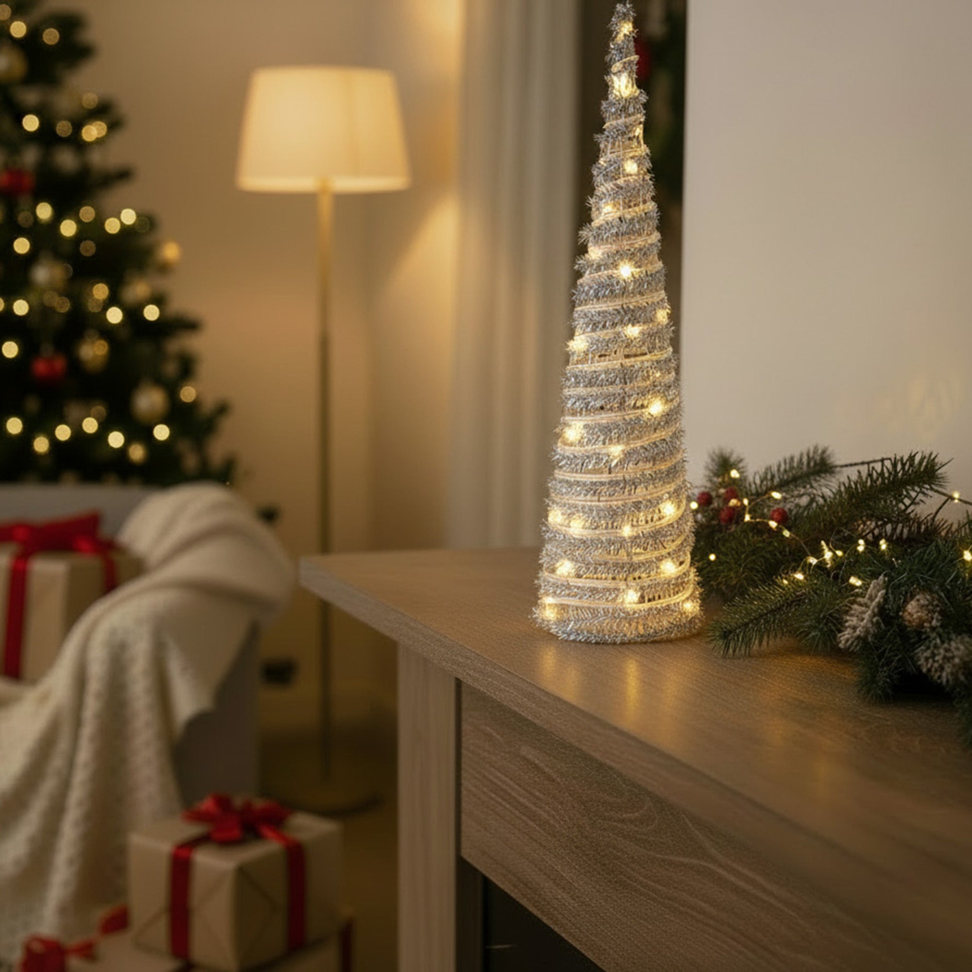 LED Silver Tinsel Cone Tree 23.5" With Timer, Tinsel Decor, Holiday Decor