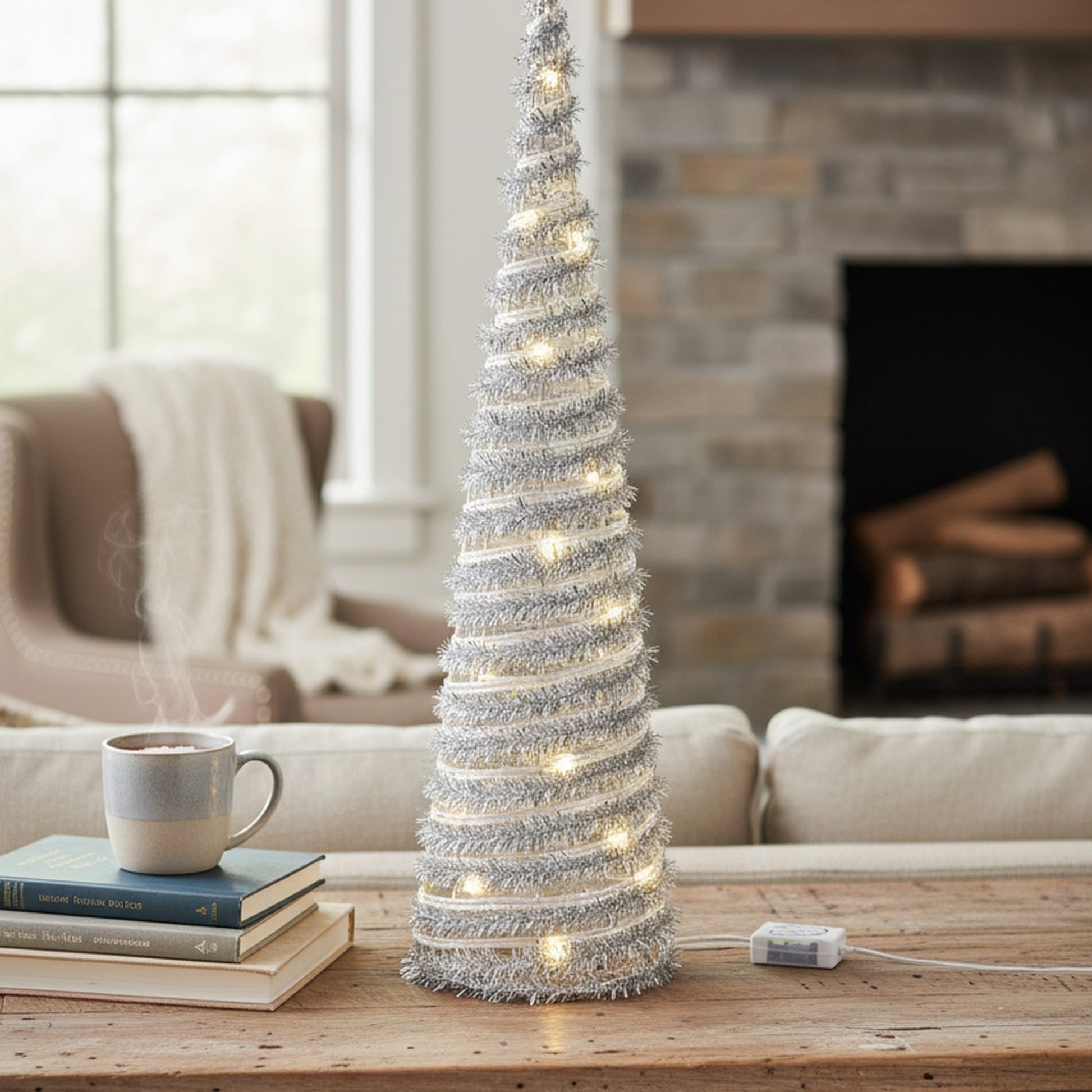LED Silver Tinsel Cone Tree 23.5" With Timer, Tinsel Decor, Holiday Decor