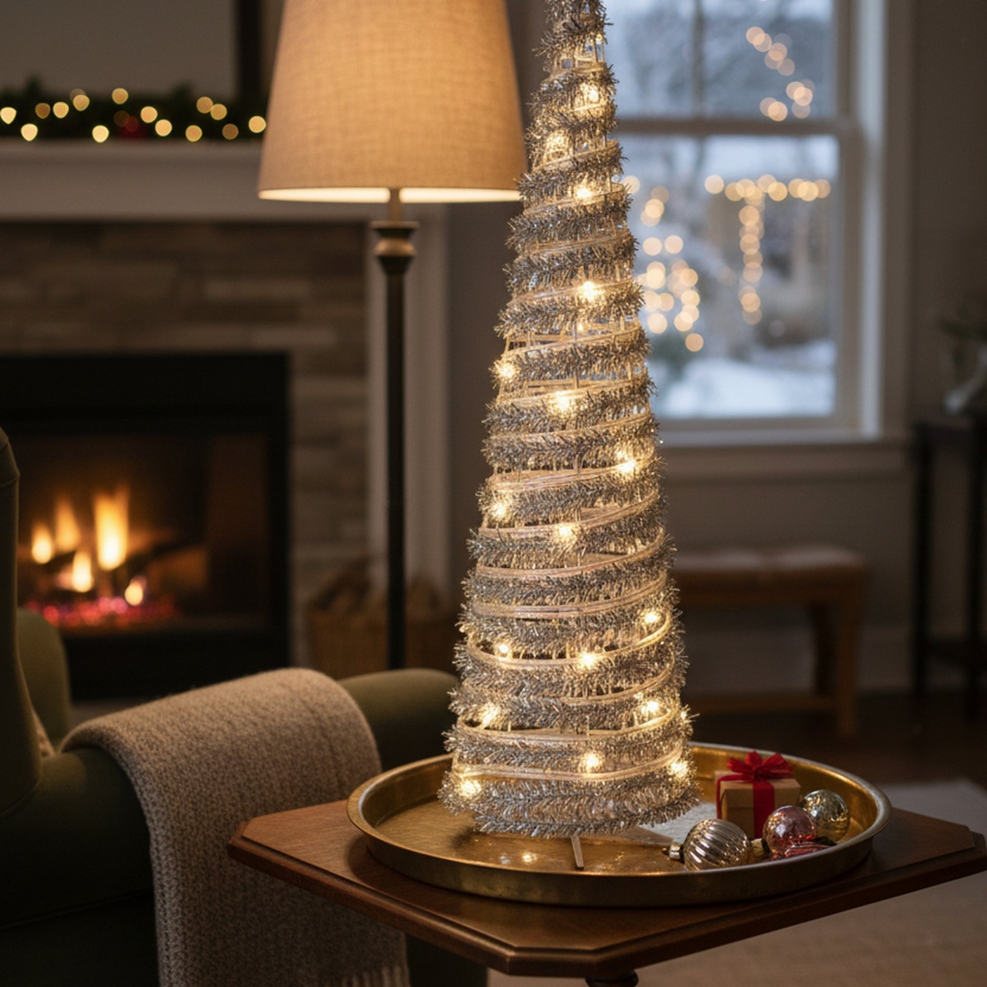 LED Silver Tinsel Cone Tree 23.5" With Timer, Tinsel Decor, Holiday Decor
