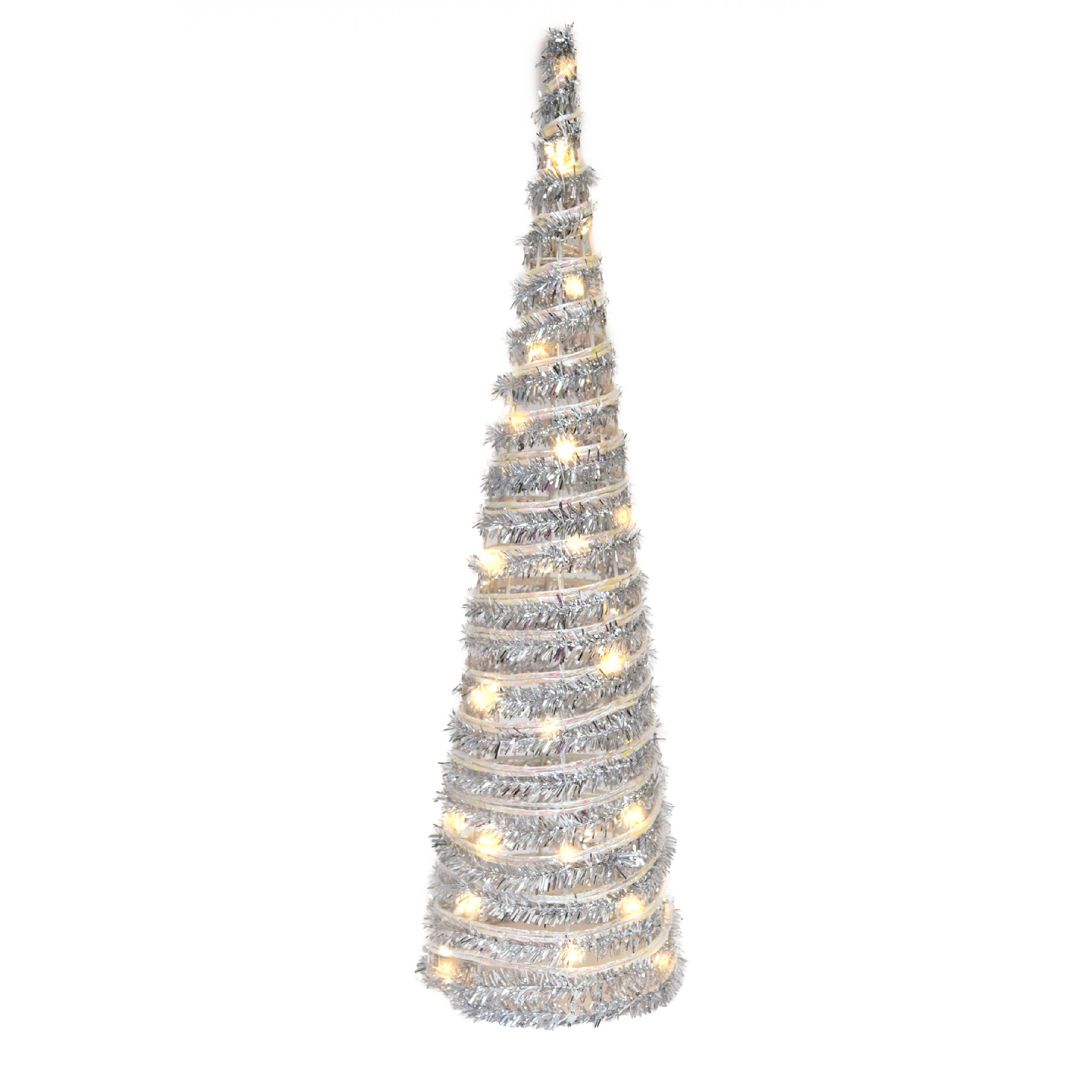LED Silver Tinsel Cone Tree 23.5" With Timer, Tinsel Decor, Holiday Decor