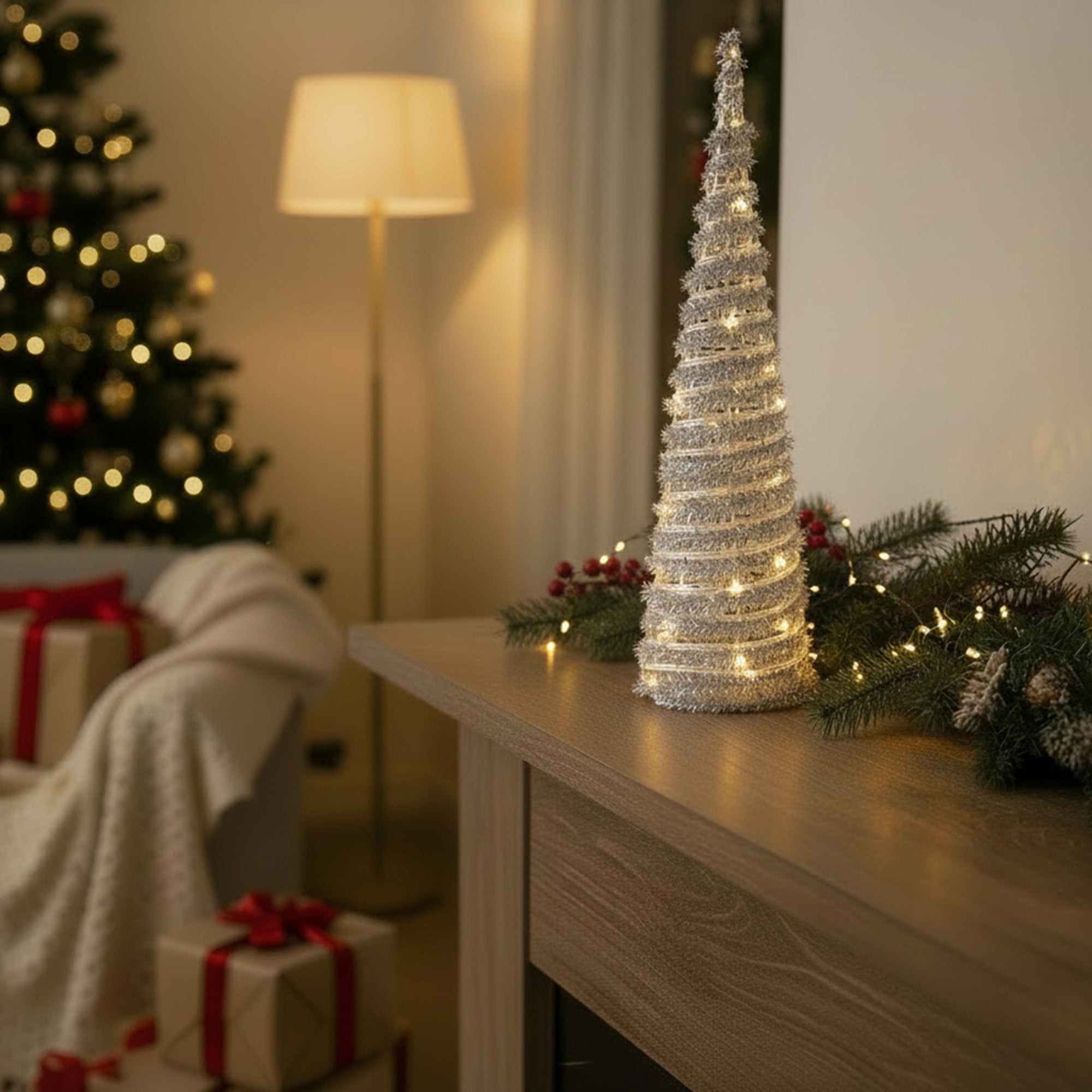 LED Silver Tinsel Cone Tree 15.5" With Timer, Tinsel Decor, Holiday Decor